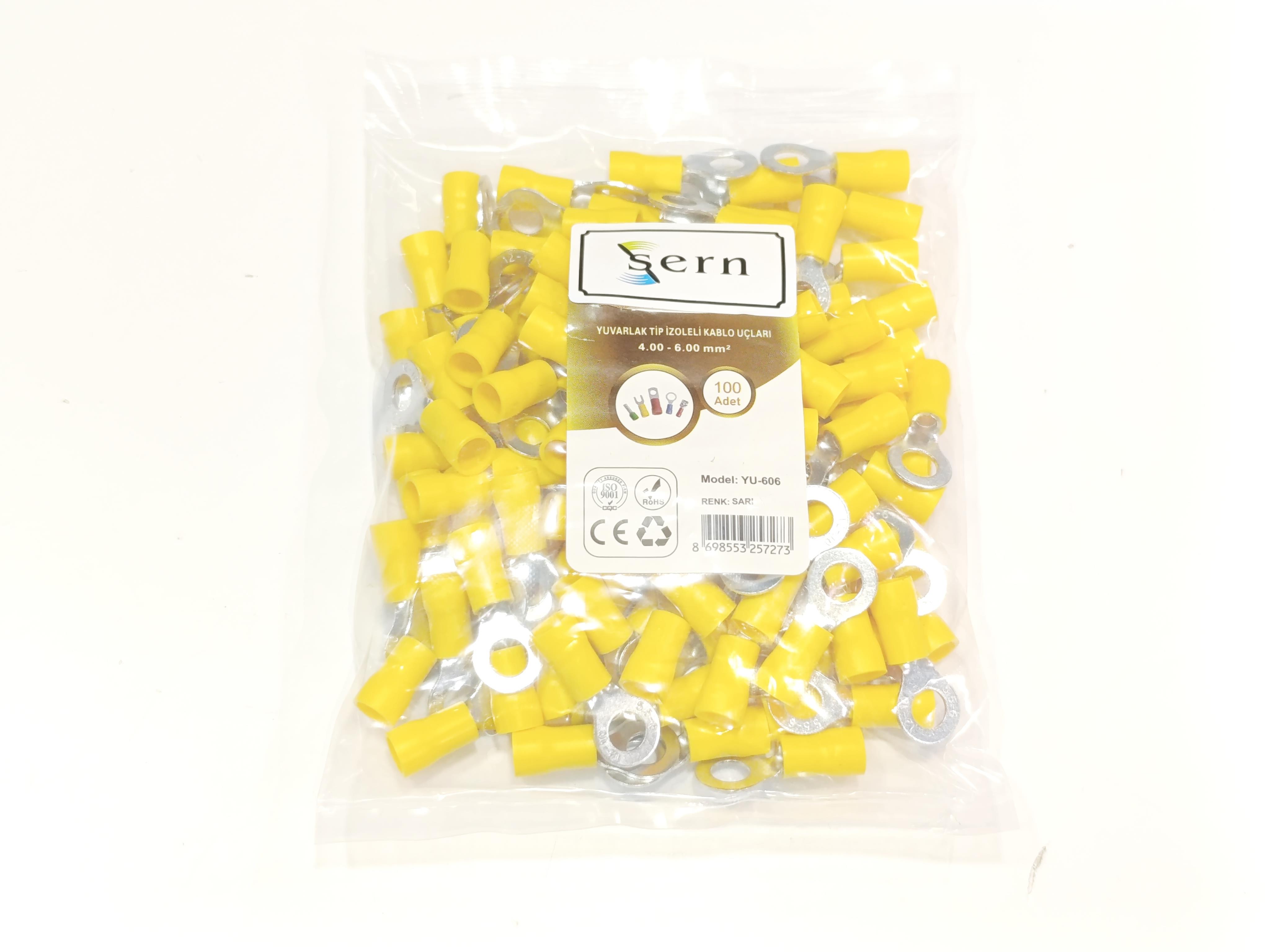  08.Insulated Cable EndsM6 (4 x 6 mm²) Round Type Insulated Cable End Terminals Yellow Colour – 1 Pack – 100 PiecesM6 (4 x 6 mm²) Round Type Insulated Cable End Terminals Yellow Colour – 1 Pack – 100 Pieces