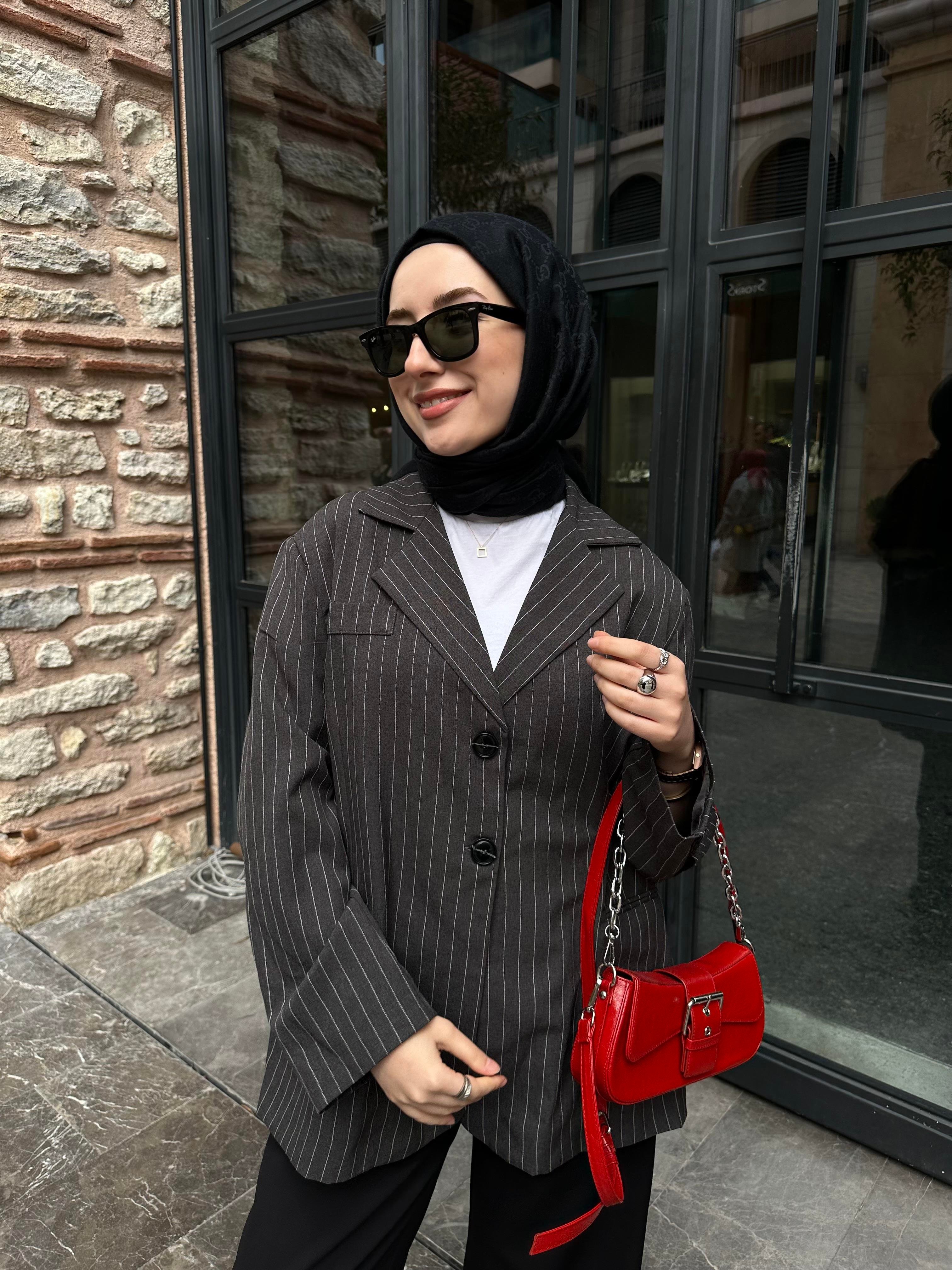 Çizgili Oversize Blazer Ceket Antrasit