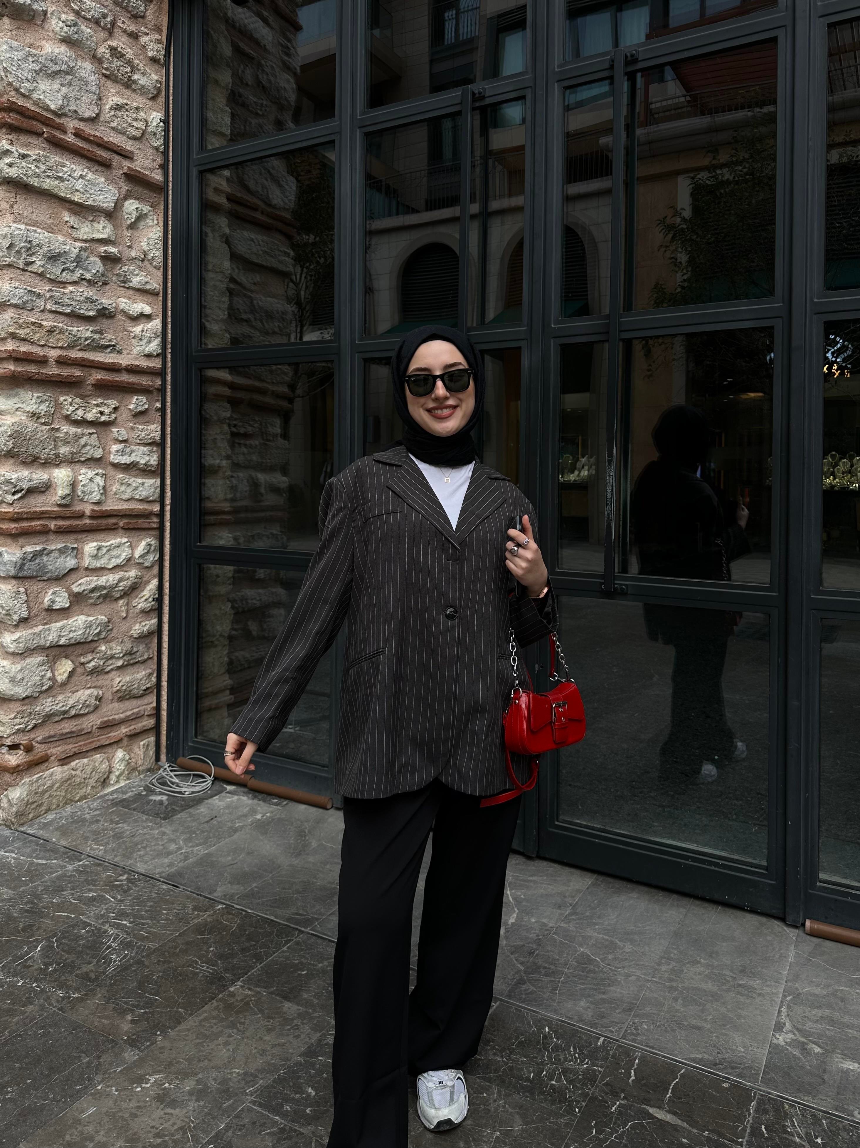 Çizgili Oversize Blazer Ceket Antrasit