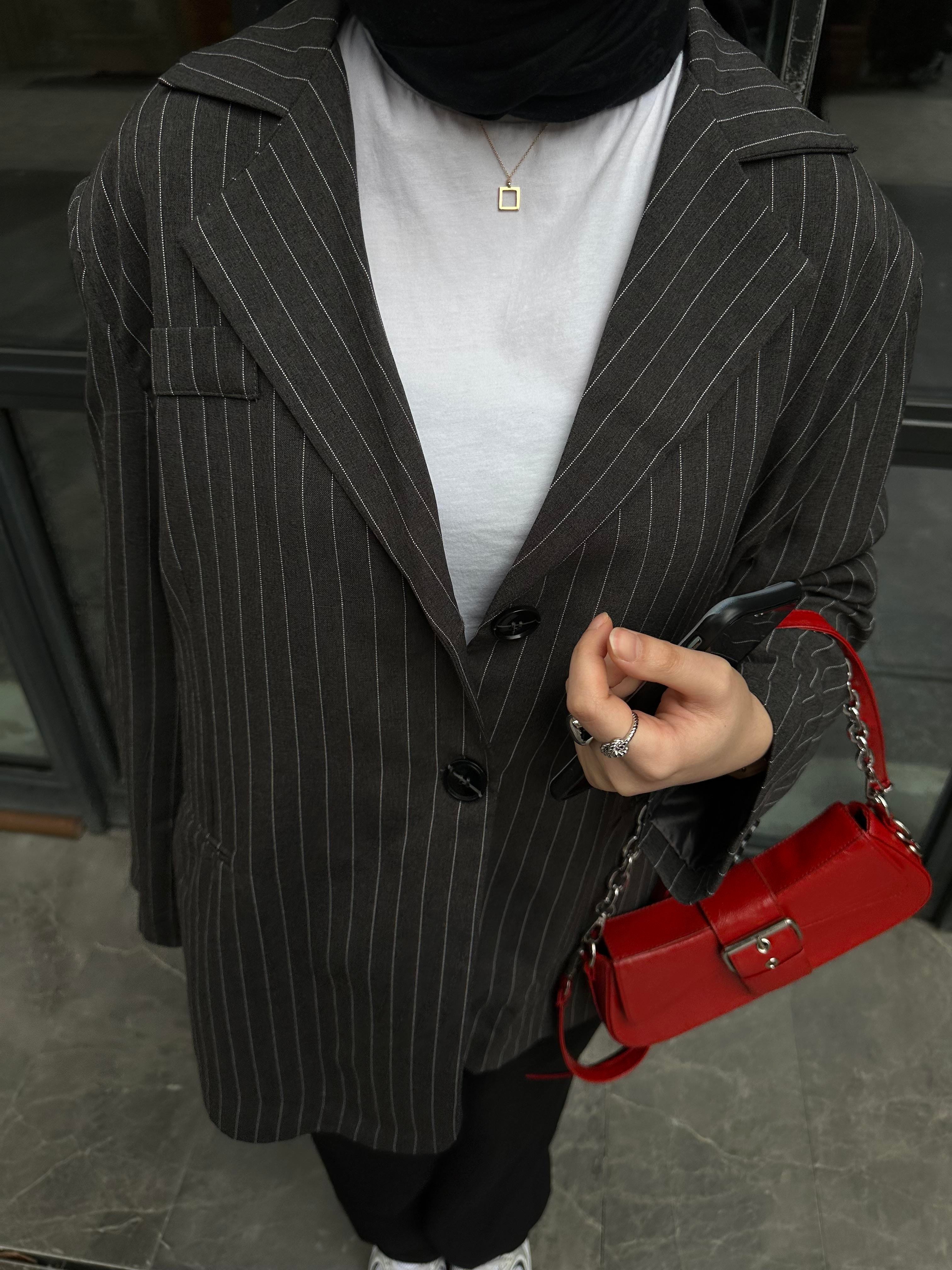 Çizgili Oversize Blazer Ceket Antrasit
