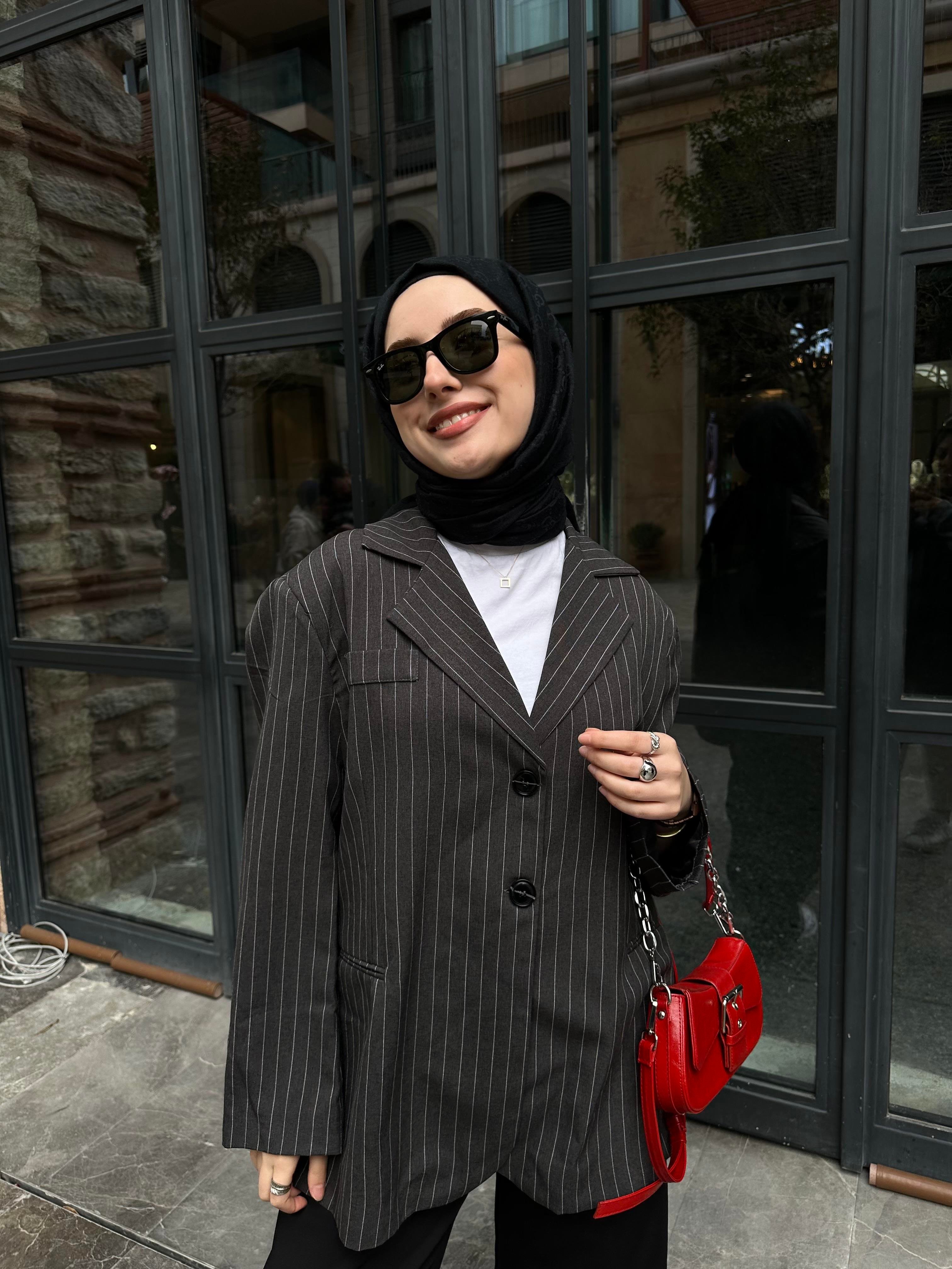 Çizgili Oversize Blazer Ceket Antrasit