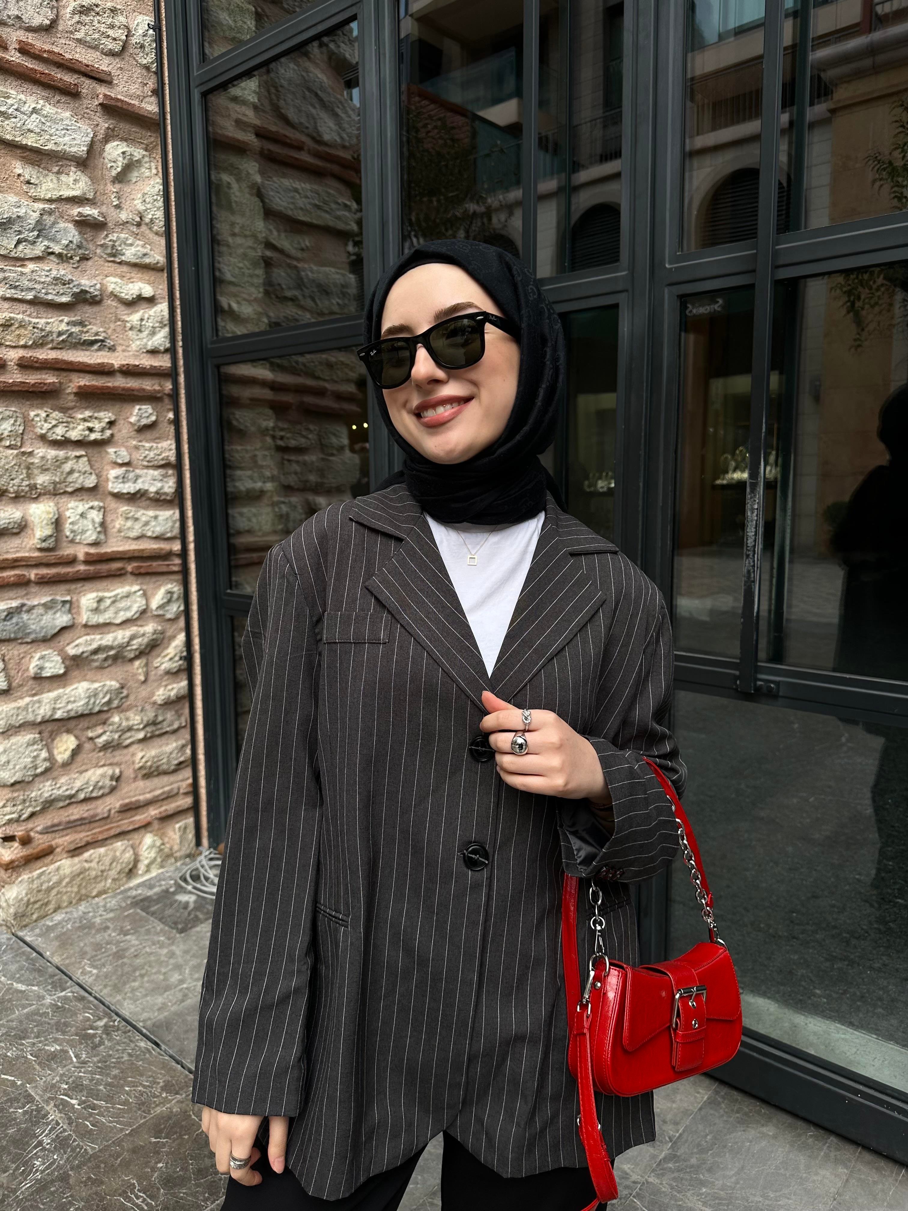 Çizgili Oversize Blazer Ceket Antrasit