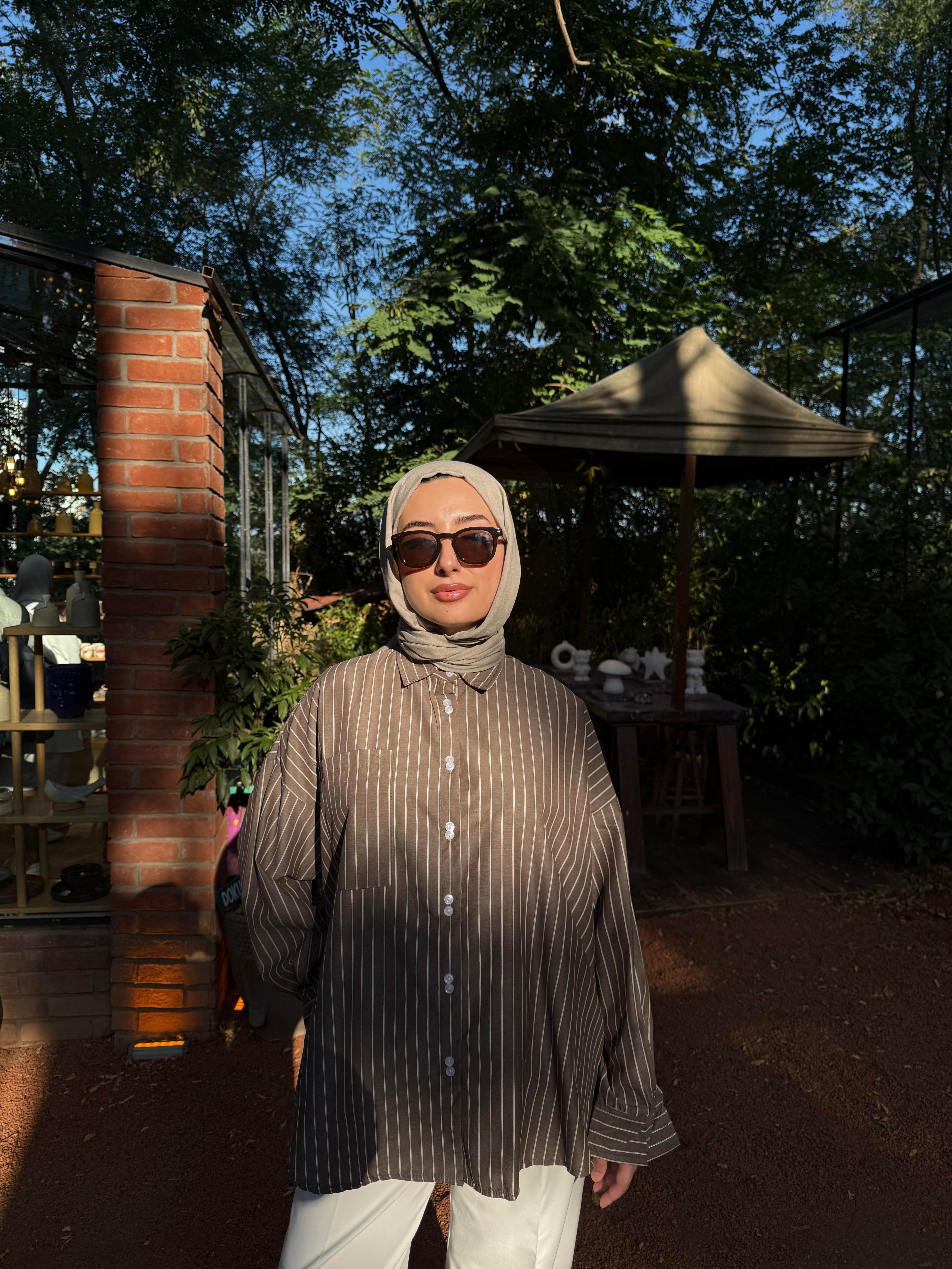 Çizgili Oversize Gömlek Kahve