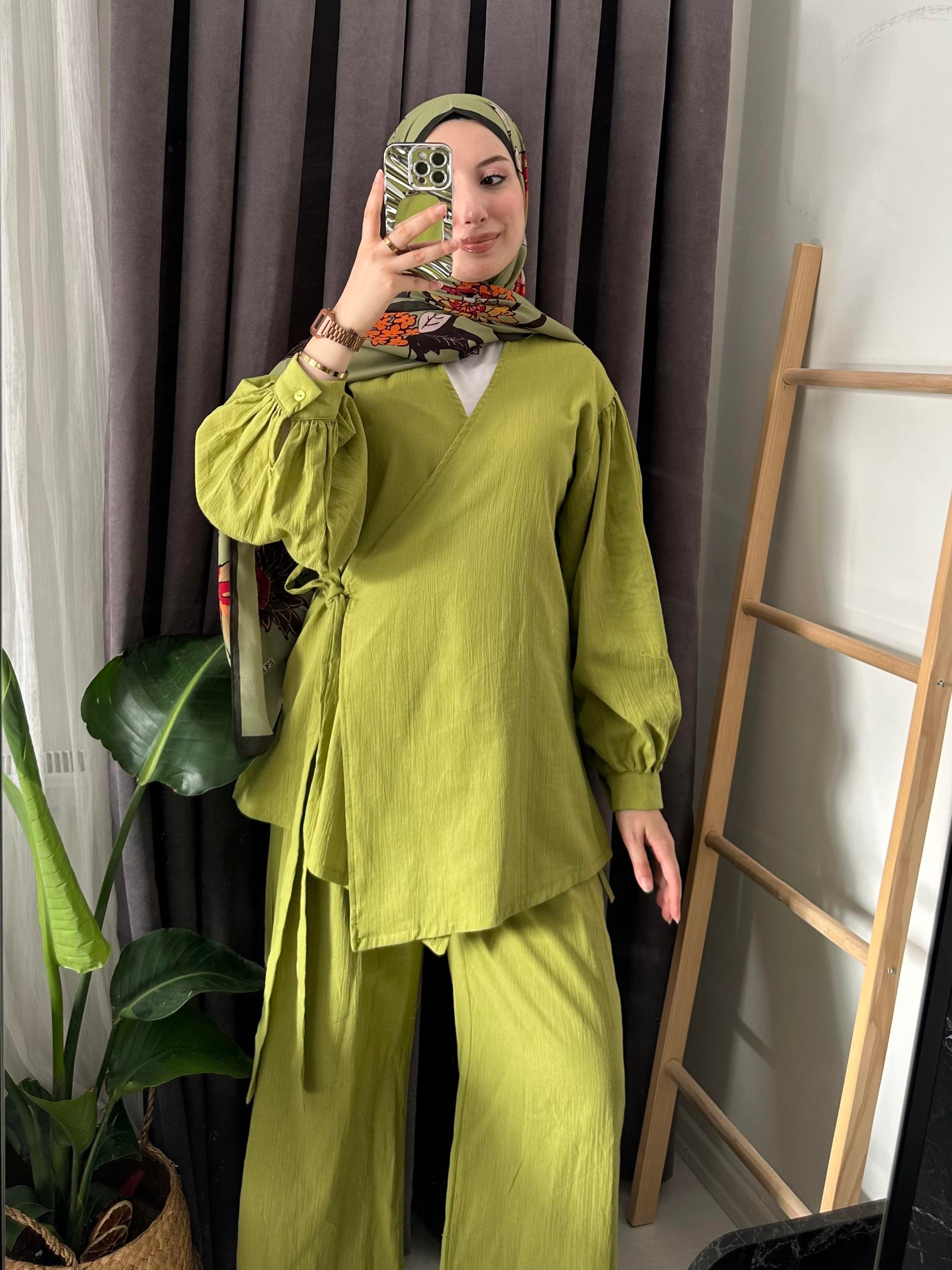 Keten Kimono Takım Yağ Yeşili