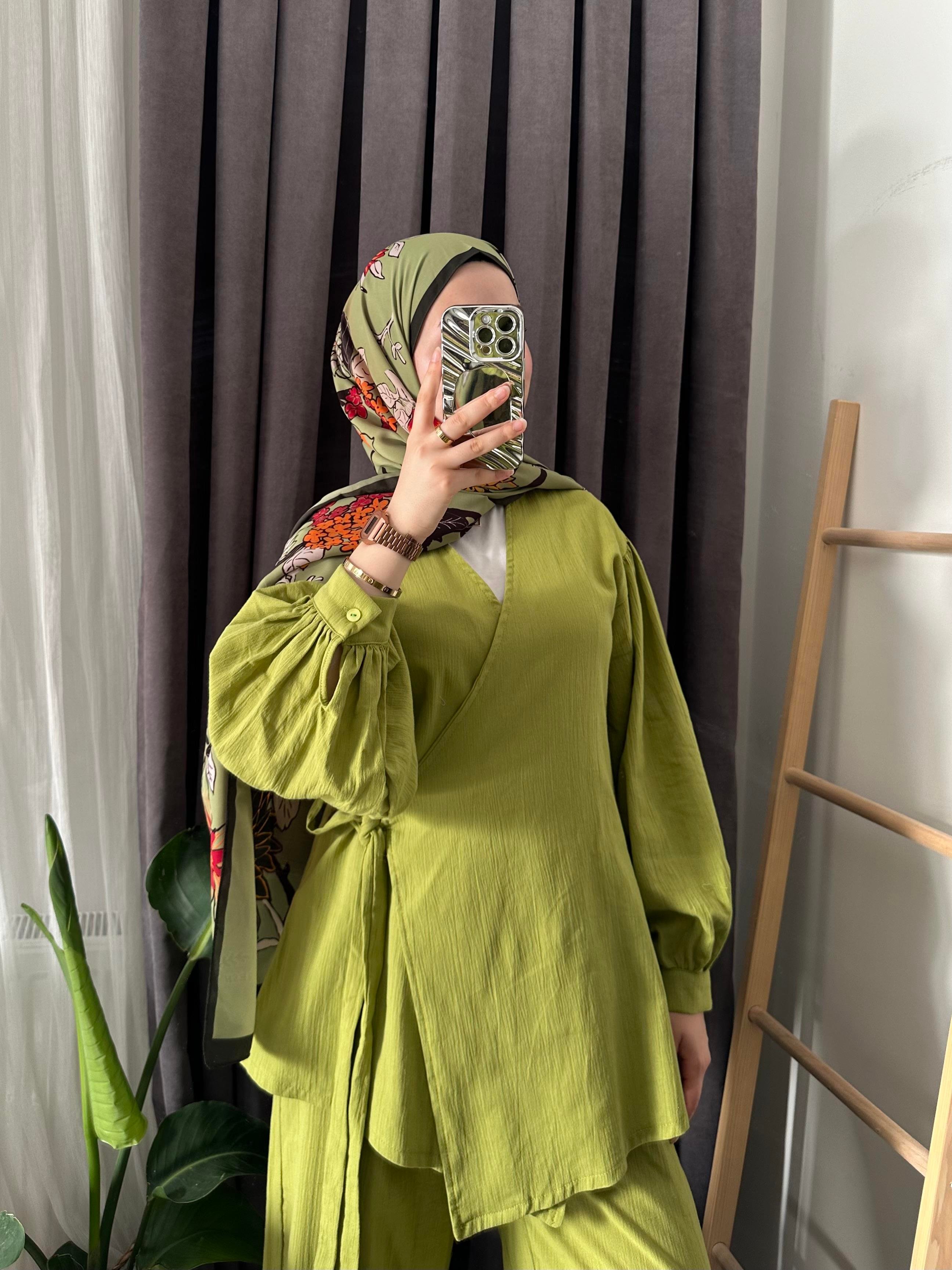 Keten Kimono Takım Yağ Yeşili