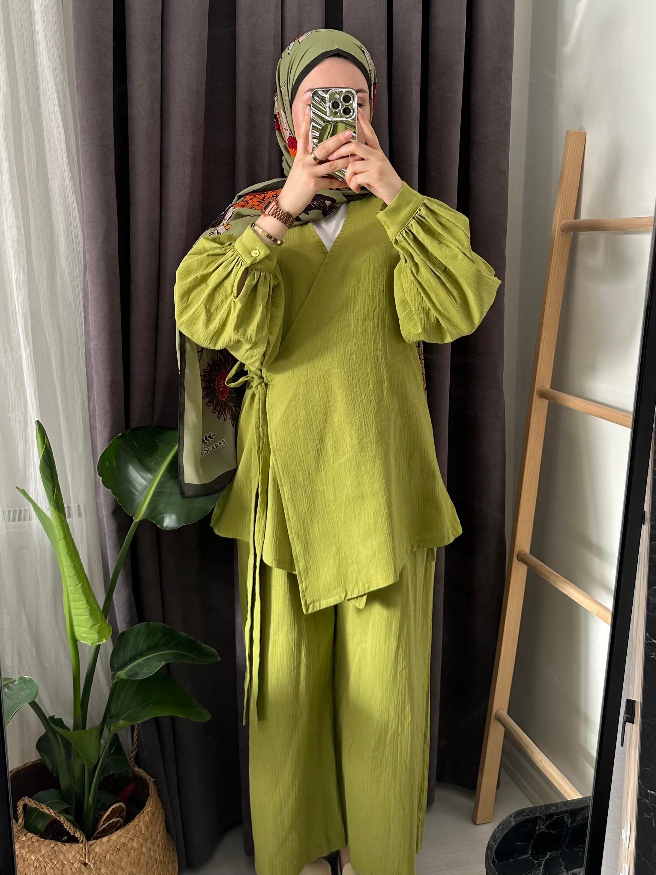 Keten Kimono Takım Yağ Yeşili