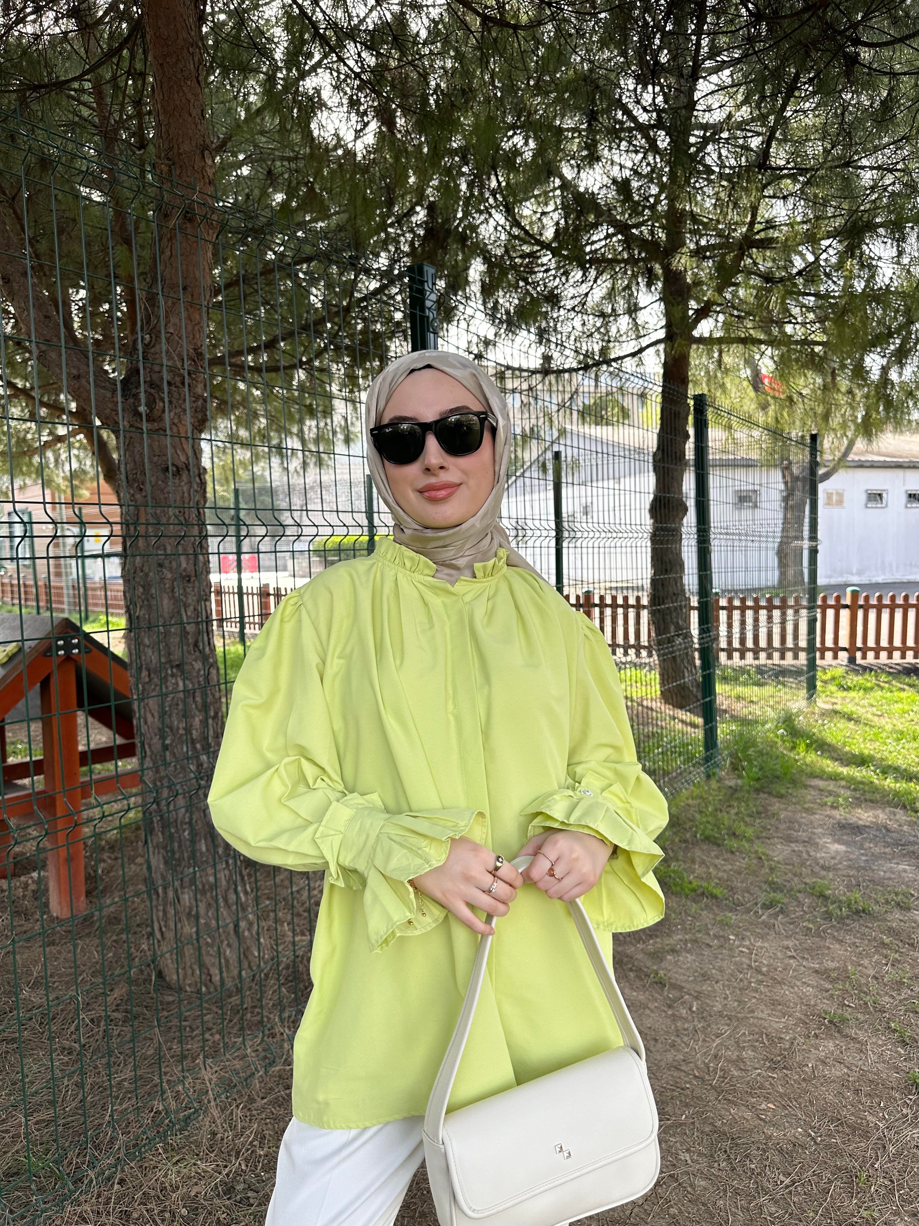 Lime Kolu ve Yakası Pileli Gömlek