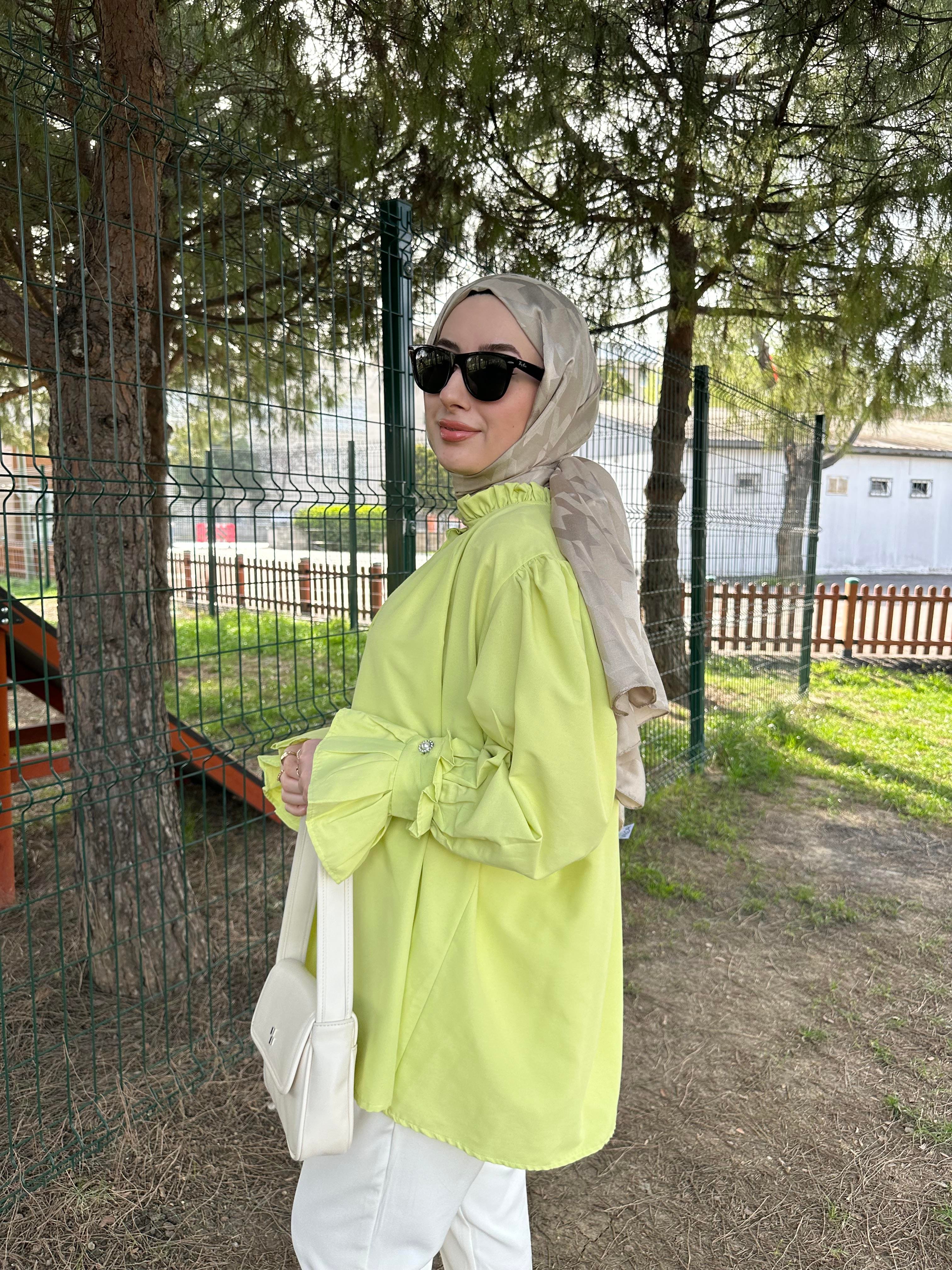 Lime Kolu ve Yakası Pileli Gömlek