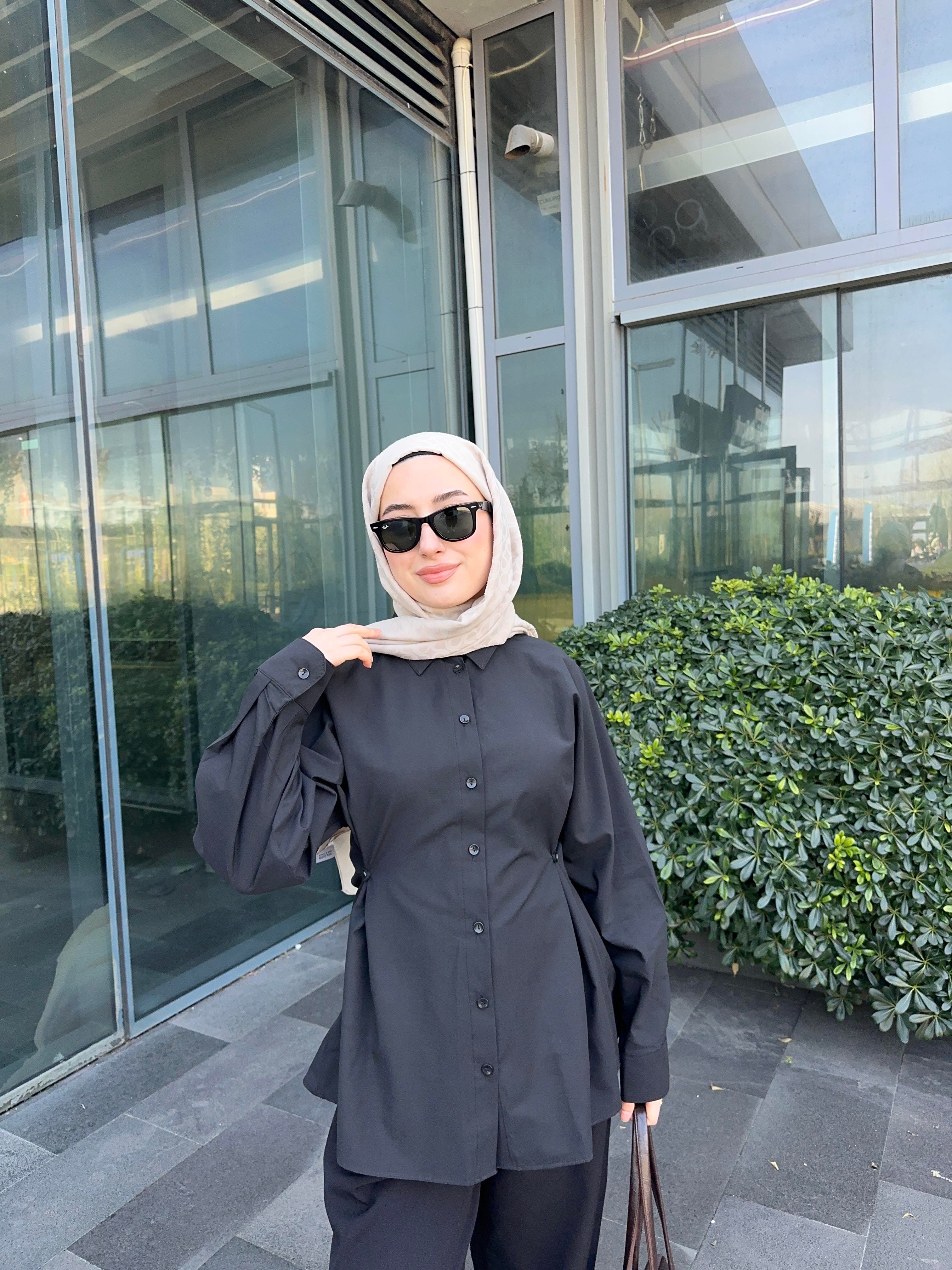 Zara Model Yanda Düğme Detaylı Poplin Gömlek Siyah