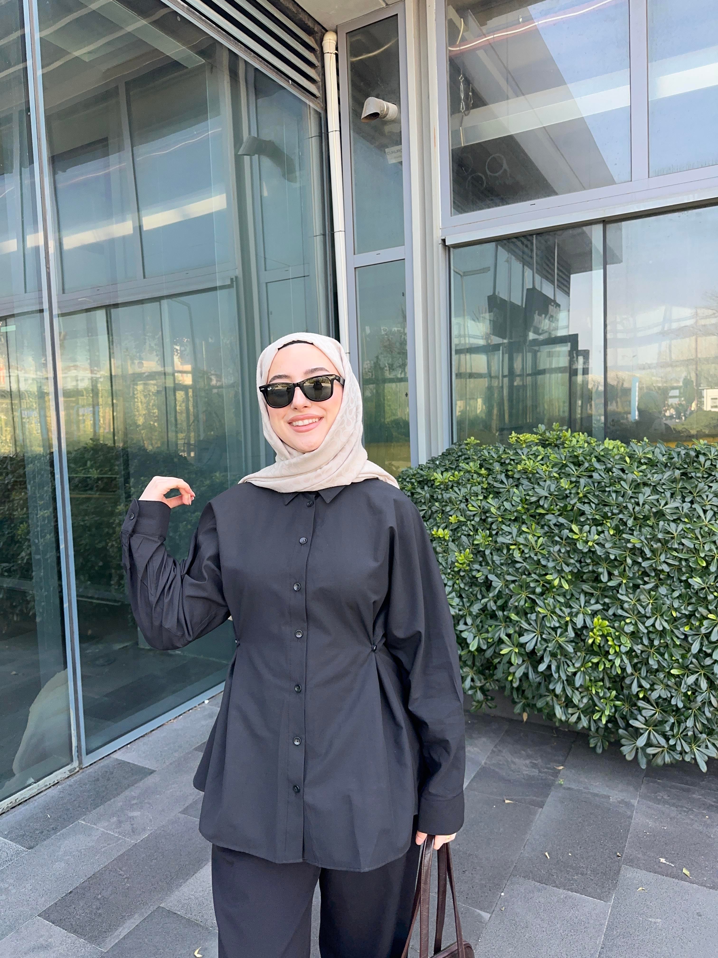 Zara Model Yanda Düğme Detaylı Poplin Gömlek Siyah