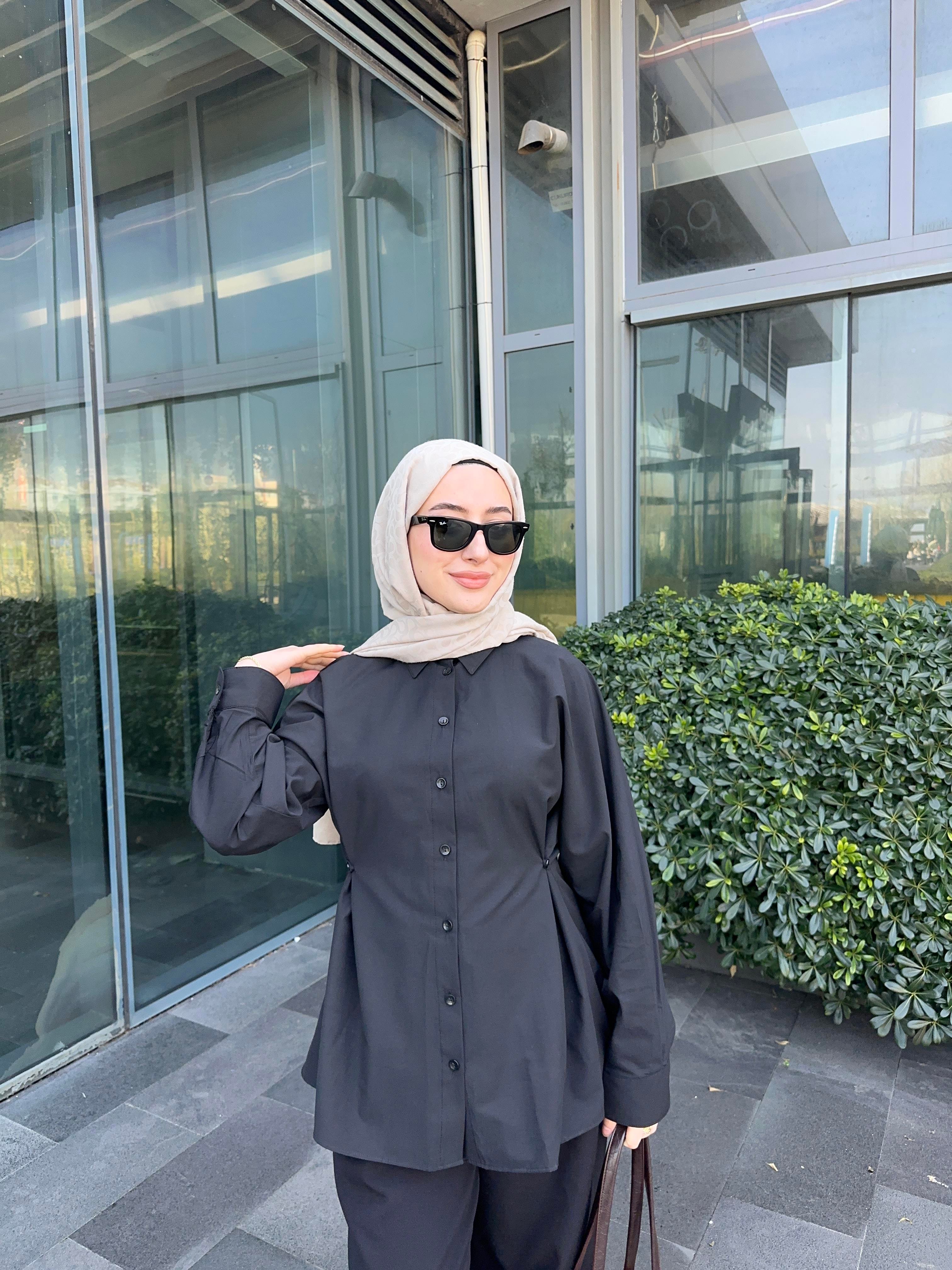 Zara Model Yanda Düğme Detaylı Poplin Gömlek Siyah