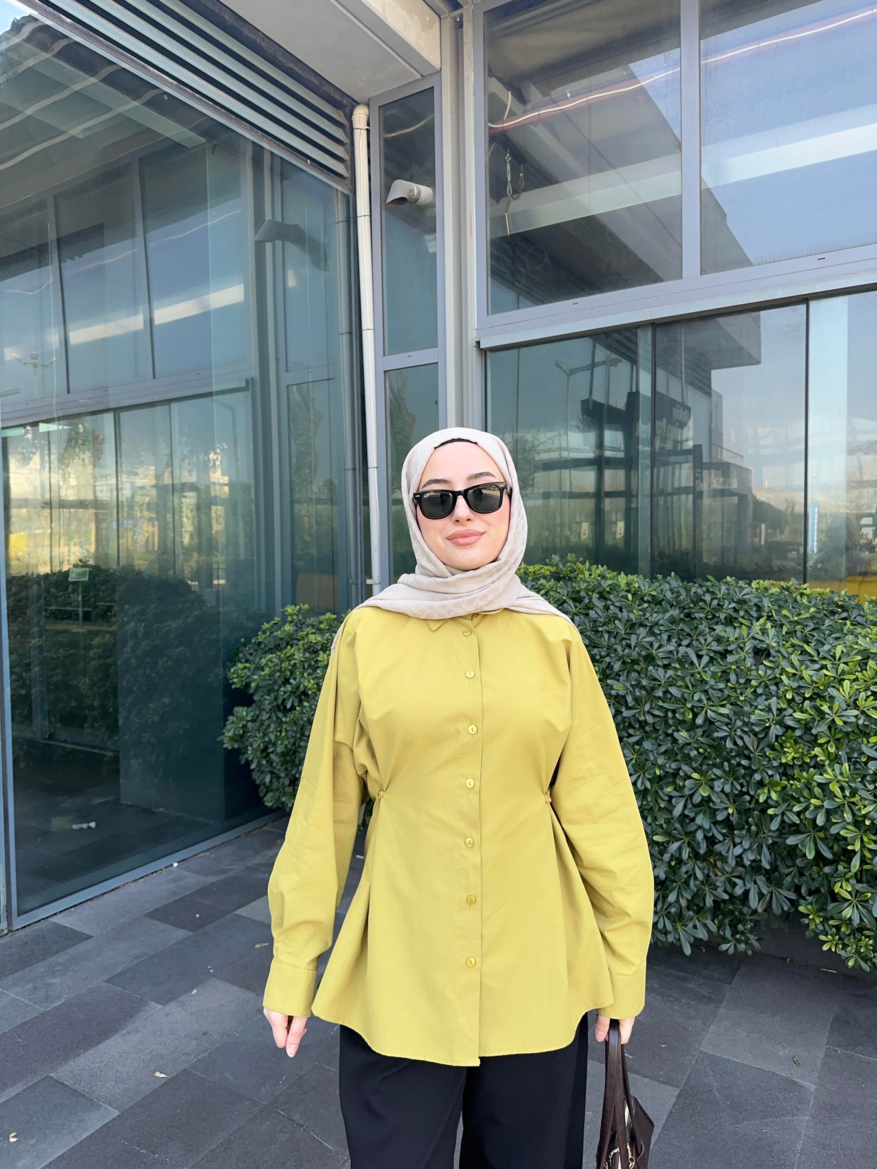 Zara Model Yanda Düğme Detaylı Poplin Gömlek Yağ Yeşili