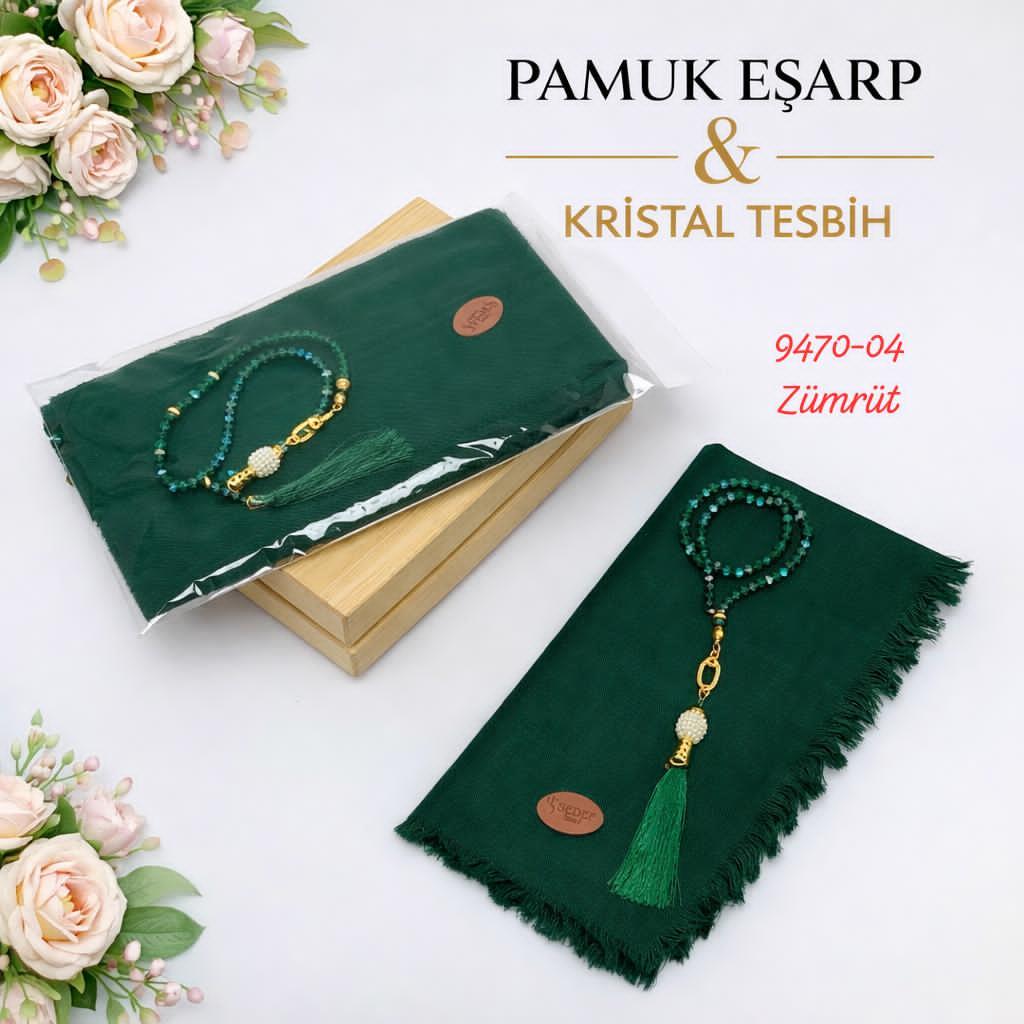 Pamuk Eşarp Kristal Tesbih Set