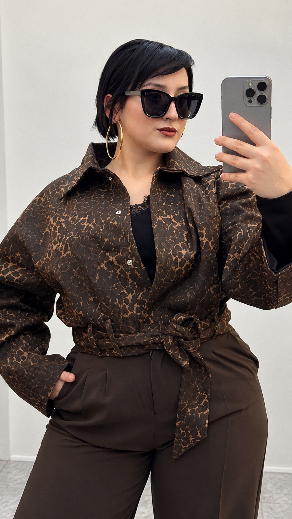 Kahve Leopar Kuşaklı Ceket