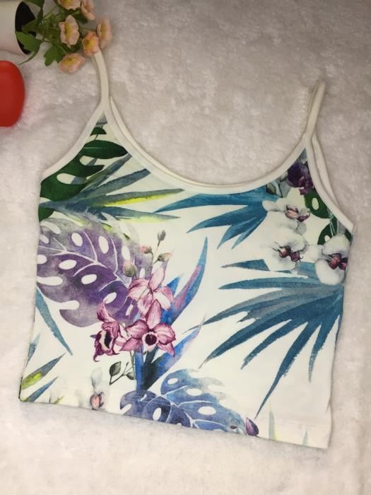 Askılı Desenli Crop Beyaz