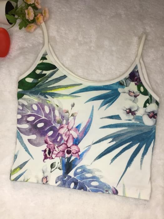 Askılı Desenli Crop Beyaz