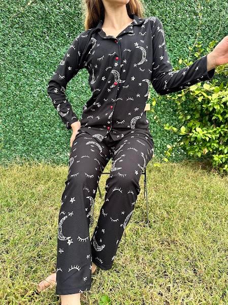 Ay Desenli Gömlek Yaka Pijama Takım Siiyah 