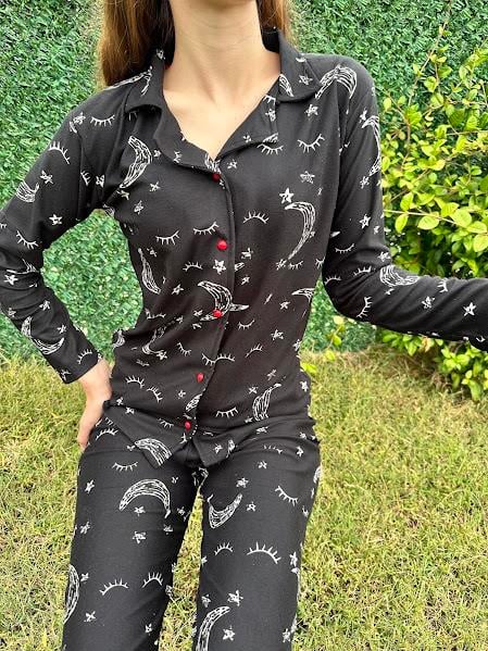 Ay Desenli Gömlek Yaka Pijama Takım Siiyah 