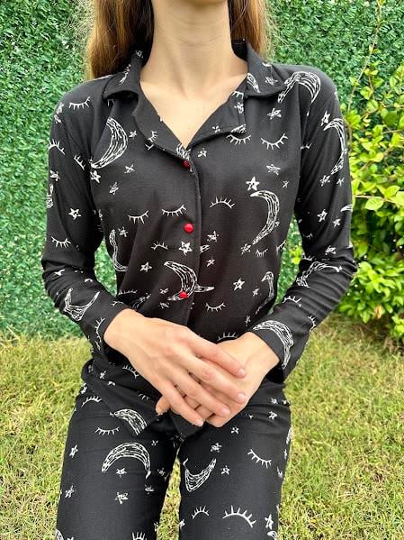 Ay Desenli Gömlek Yaka Pijama Takım Siiyah 