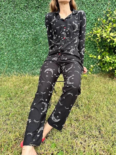 Ay Desenli Gömlek Yaka Pijama Takım Siiyah 