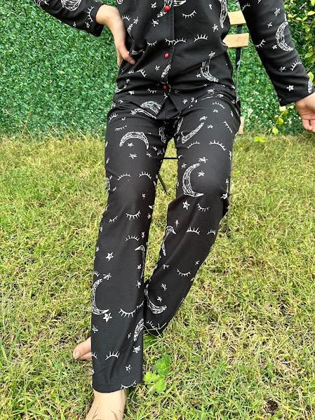Ay Desenli Gömlek Yaka Pijama Takım Siiyah 