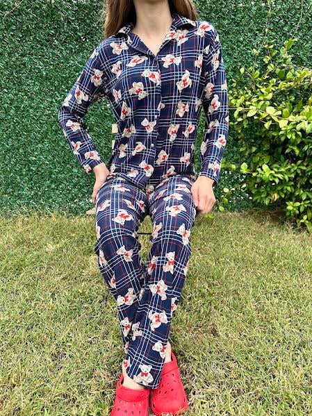Ayıcık Desenli Gömlek Yaka Pijama Takım Lacivert