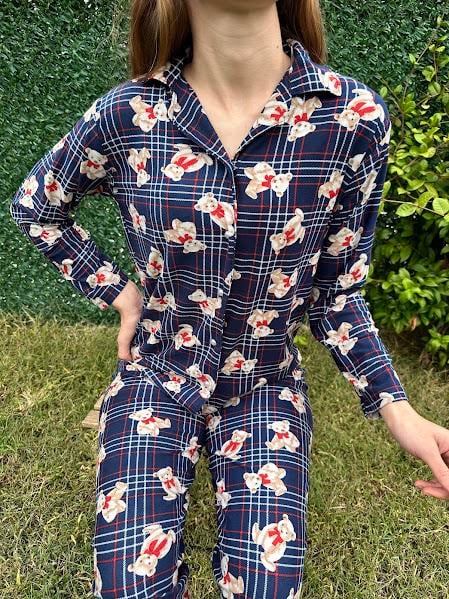 Ayıcık Desenli Gömlek Yaka Pijama Takım Lacivert
