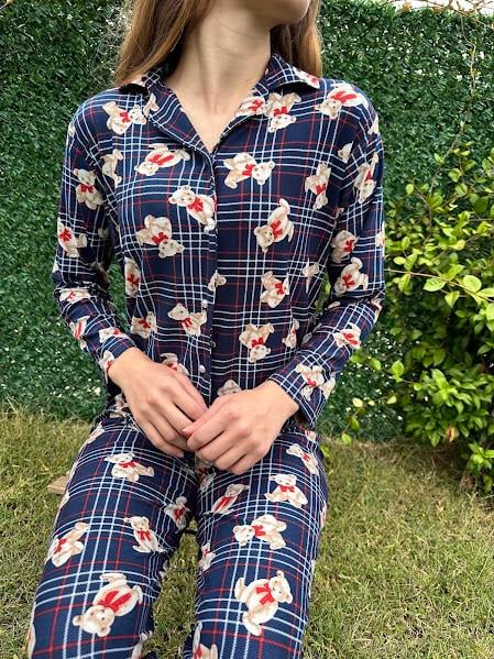 Ayıcık Desenli Gömlek Yaka Pijama Takım Lacivert