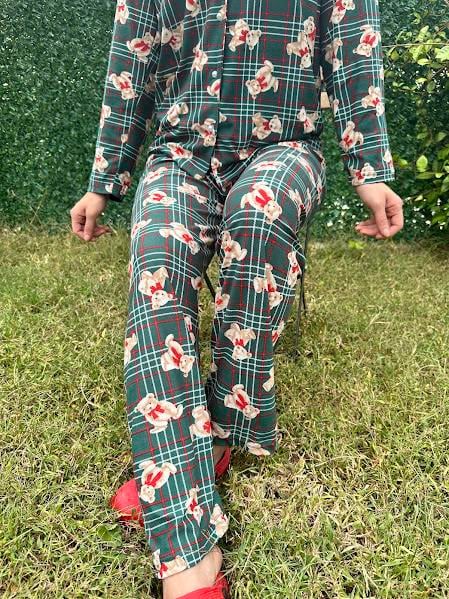 Ayıcık Desenli Gömlek Yaka Pijama Takım Yeşil