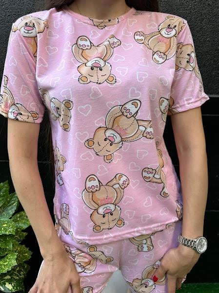 Ayıcık Desenli Kısa Kol Şort Pijama Takım Pembe