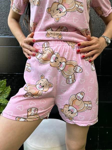 Ayıcık Desenli Kısa Kol Şort Pijama Takım Pembe