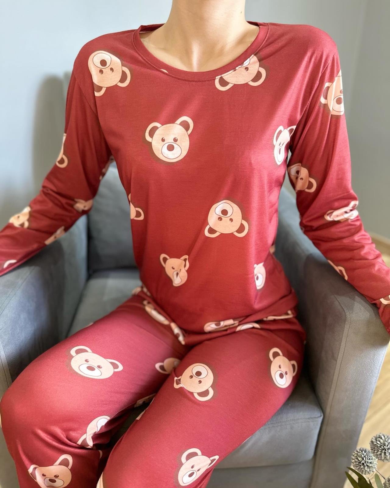 Ayıcık Desenli Pijama Takım Kiremit