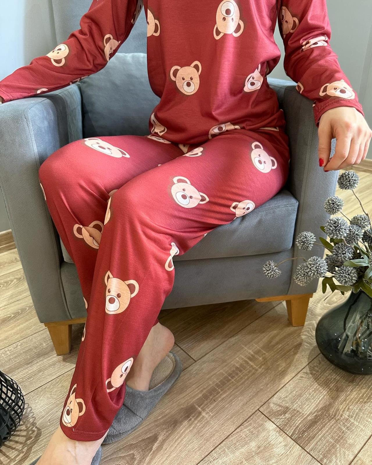 Ayıcık Desenli Pijama Takım Kiremit