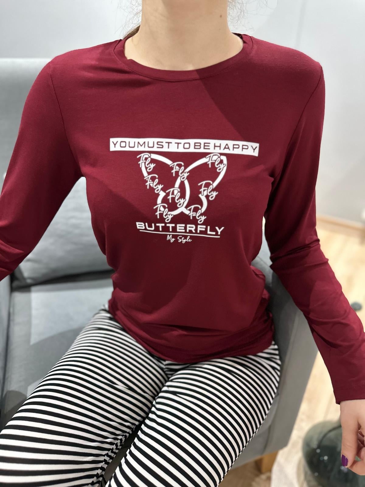 Baskı Detaylı Çizgili Pijama Takım Bordo