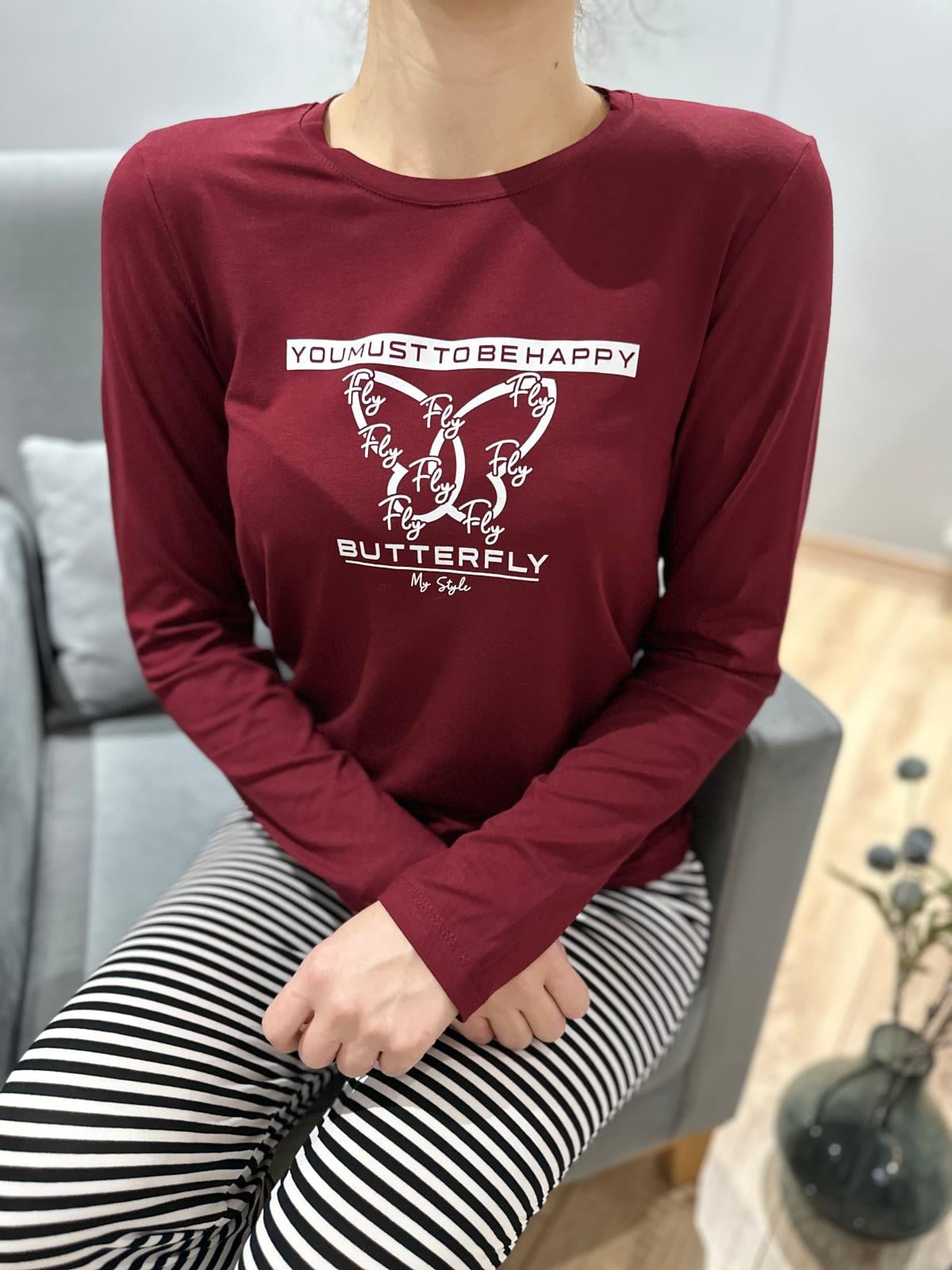 Baskı Detaylı Çizgili Pijama Takım Bordo