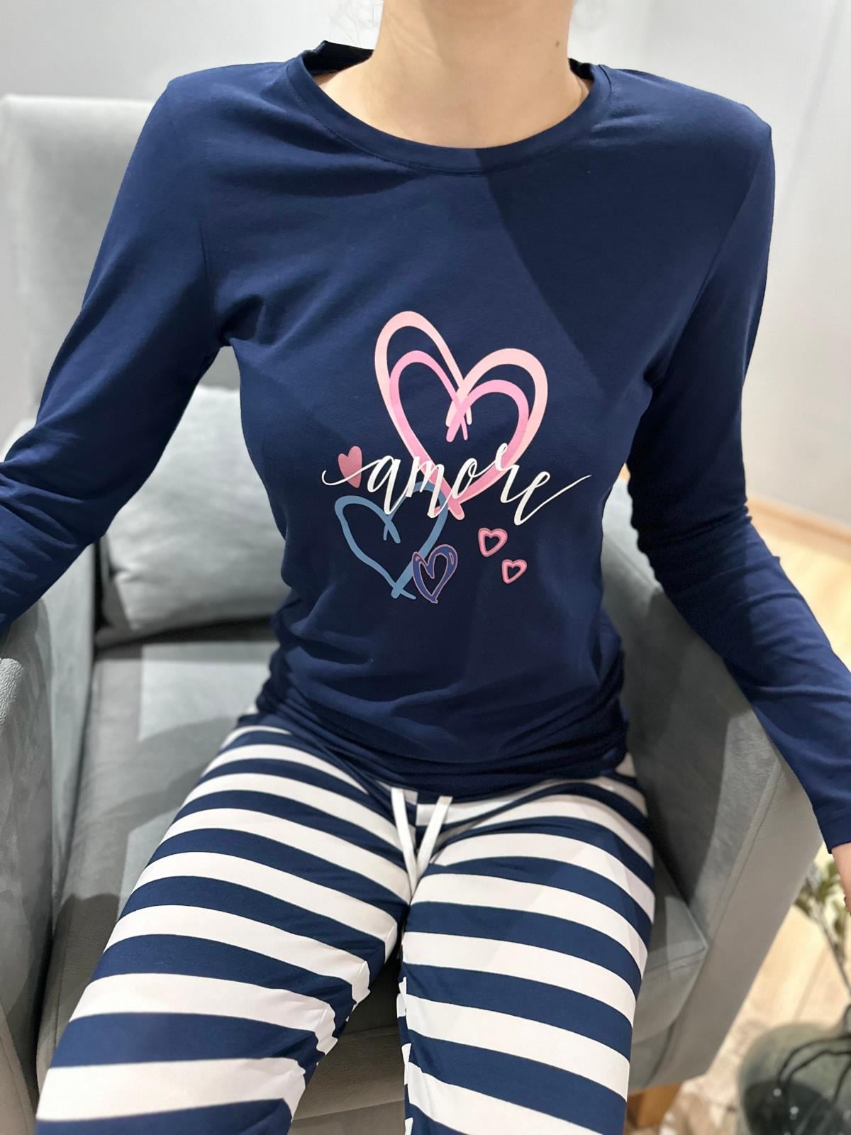 Baskı Detaylı Çizgili Pijama Takım Lacivert