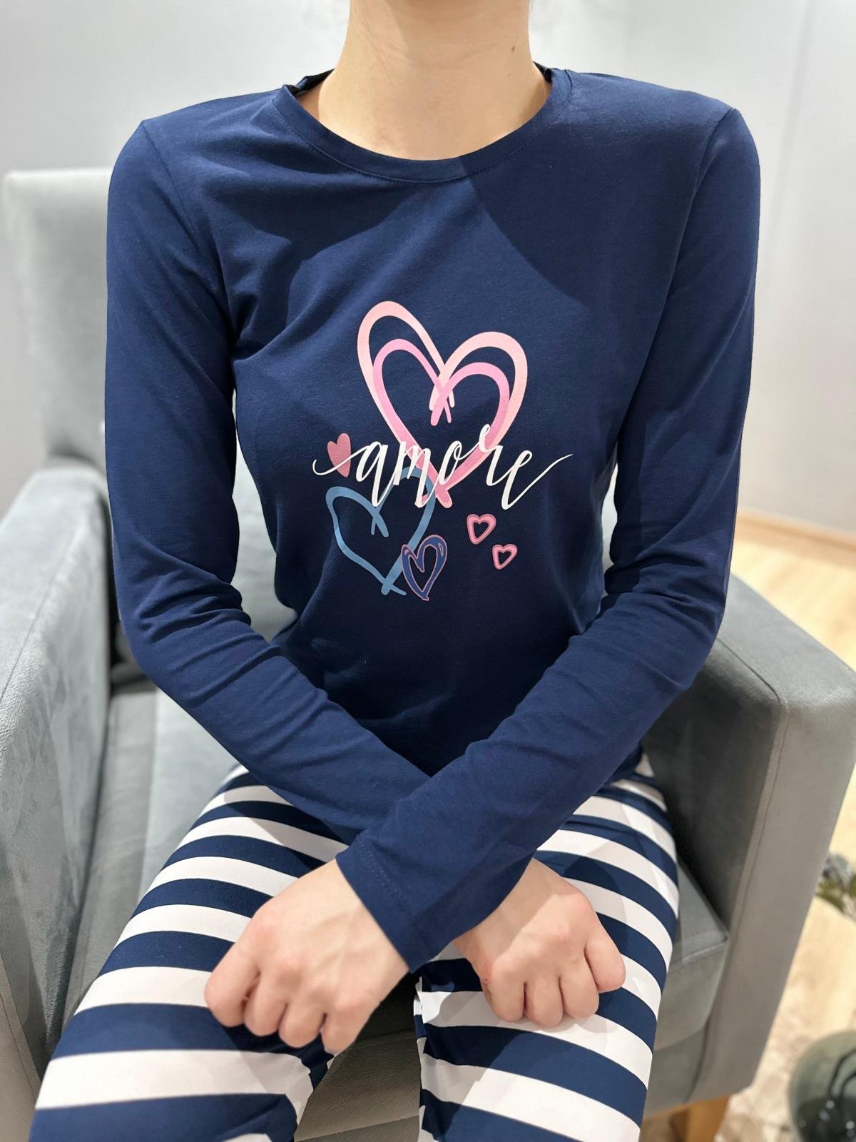 Baskı Detaylı Çizgili Pijama Takım Lacivert