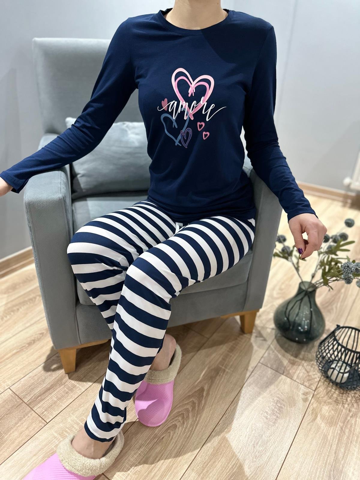Baskı Detaylı Çizgili Pijama Takım Lacivert