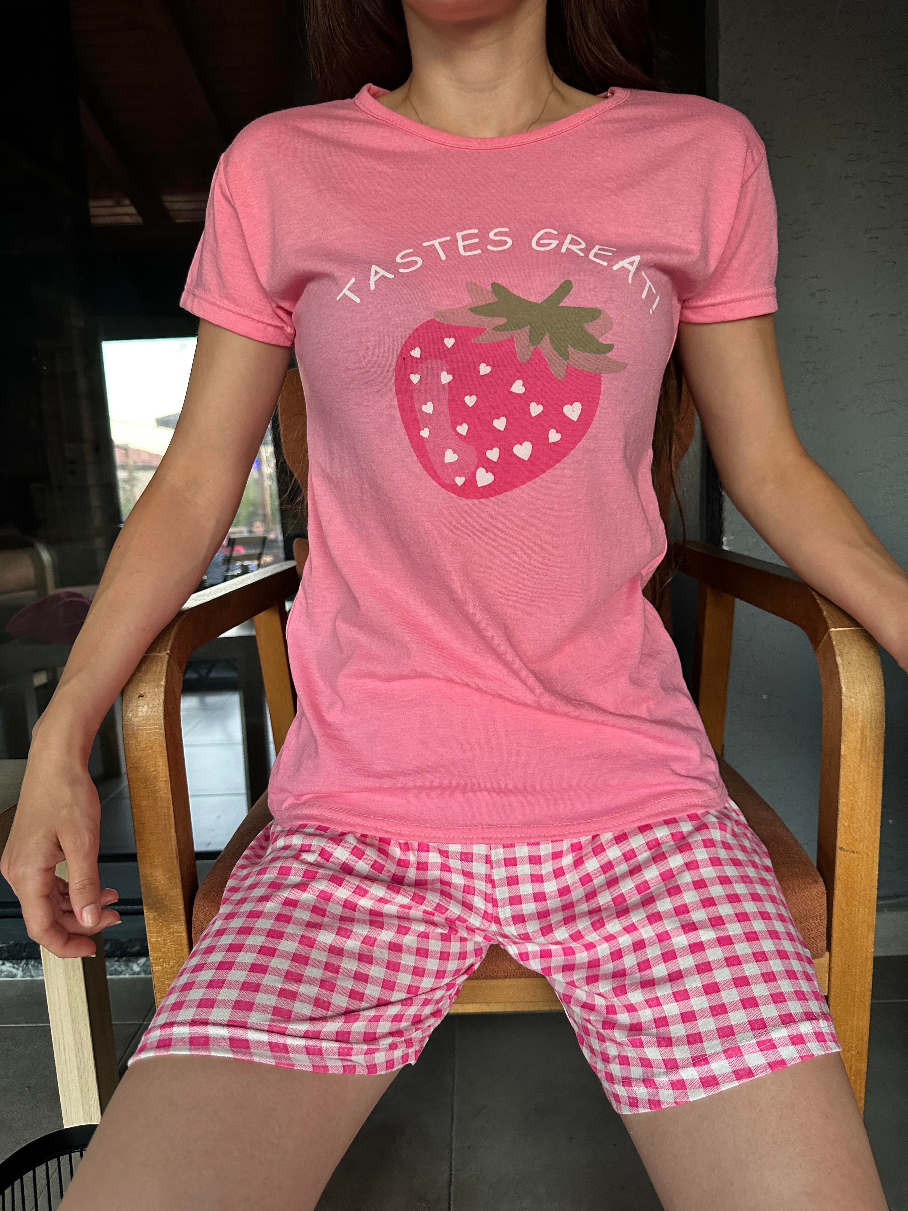 Çilek Desenli Kısa Kol Pötikareli Pijama Takım Pembe