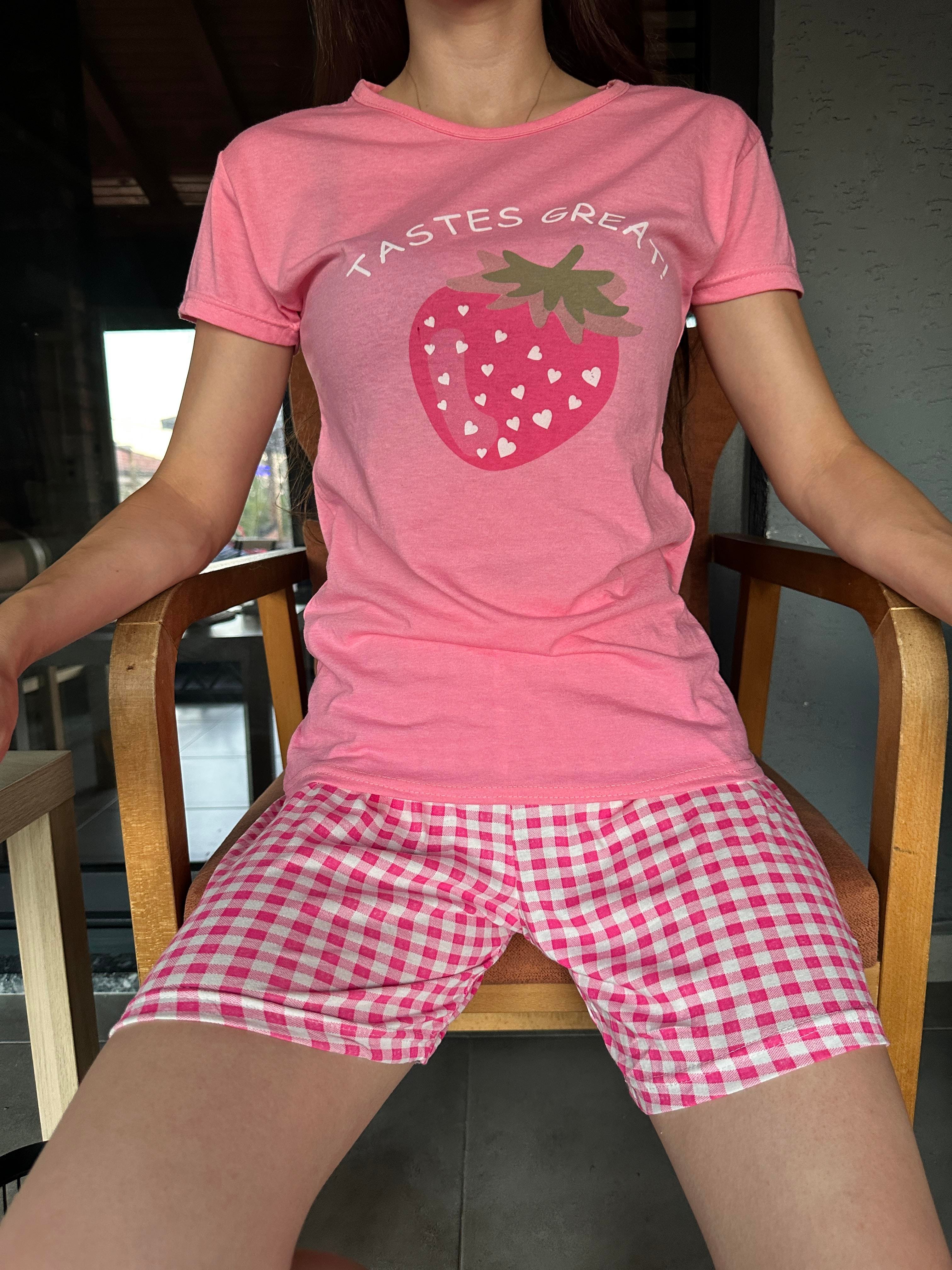 Çilek Desenli Kısa Kol Pötikareli Pijama Takım Pembe