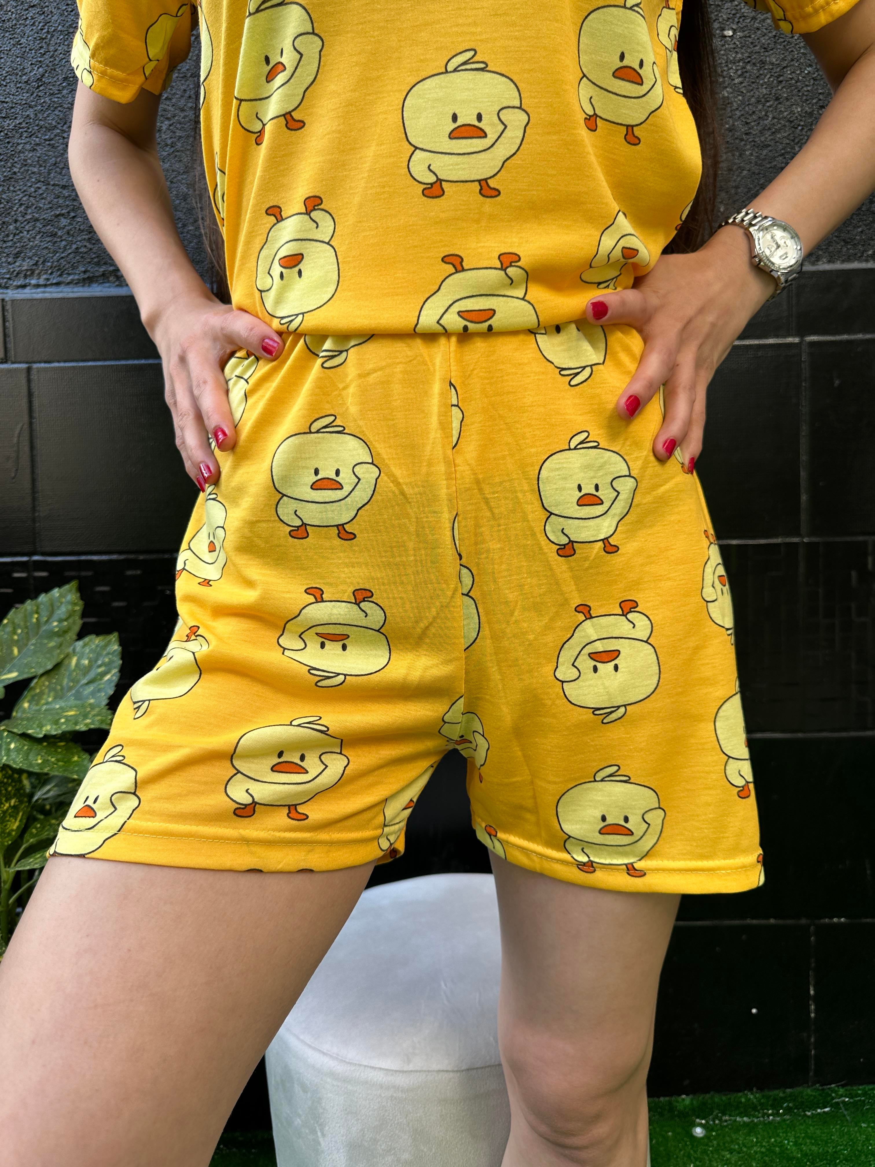 Civciv Desenli Kısa Kol Şort Pijama Takım Sarı