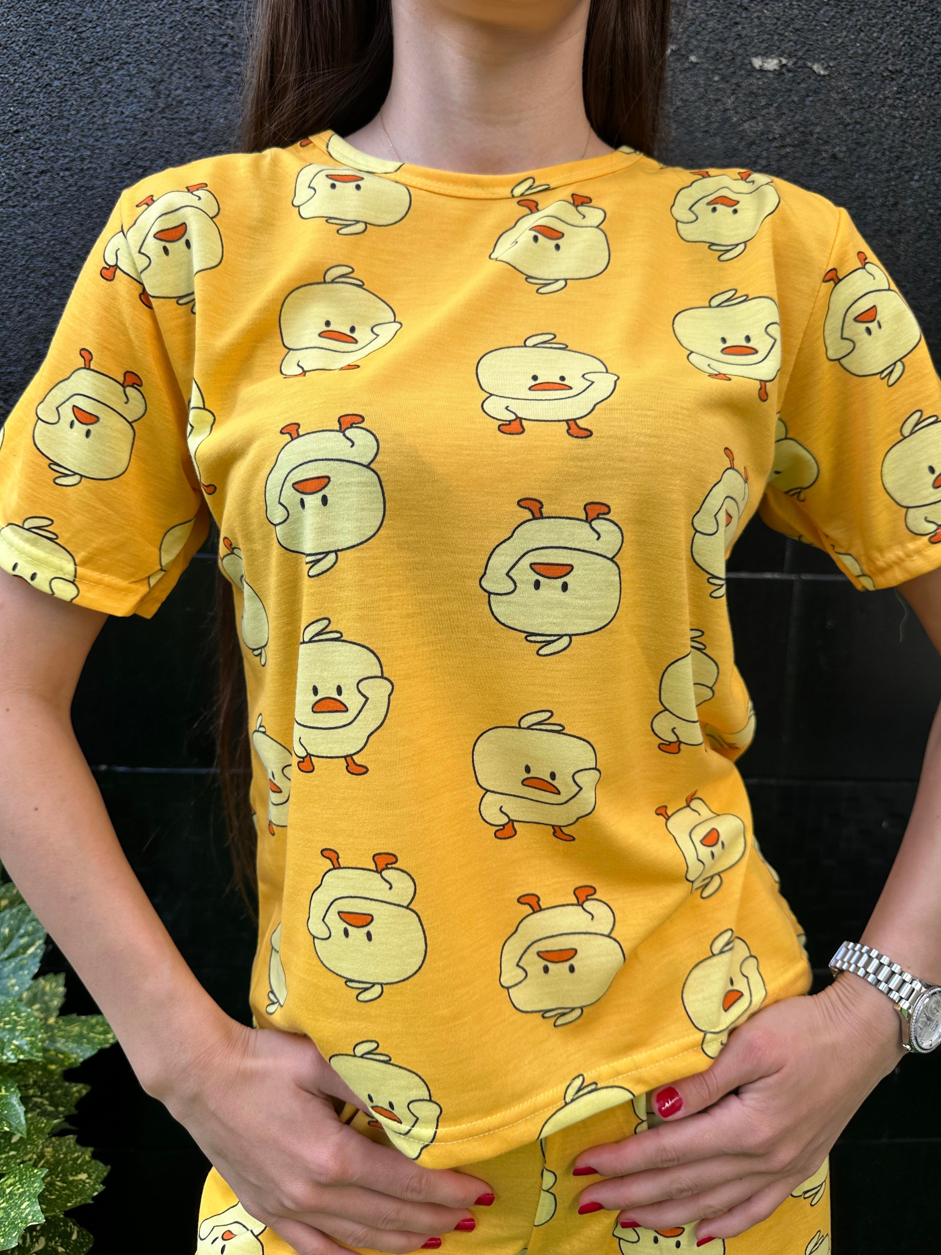 Civciv Desenli Kısa Kol Şort Pijama Takım Sarı
