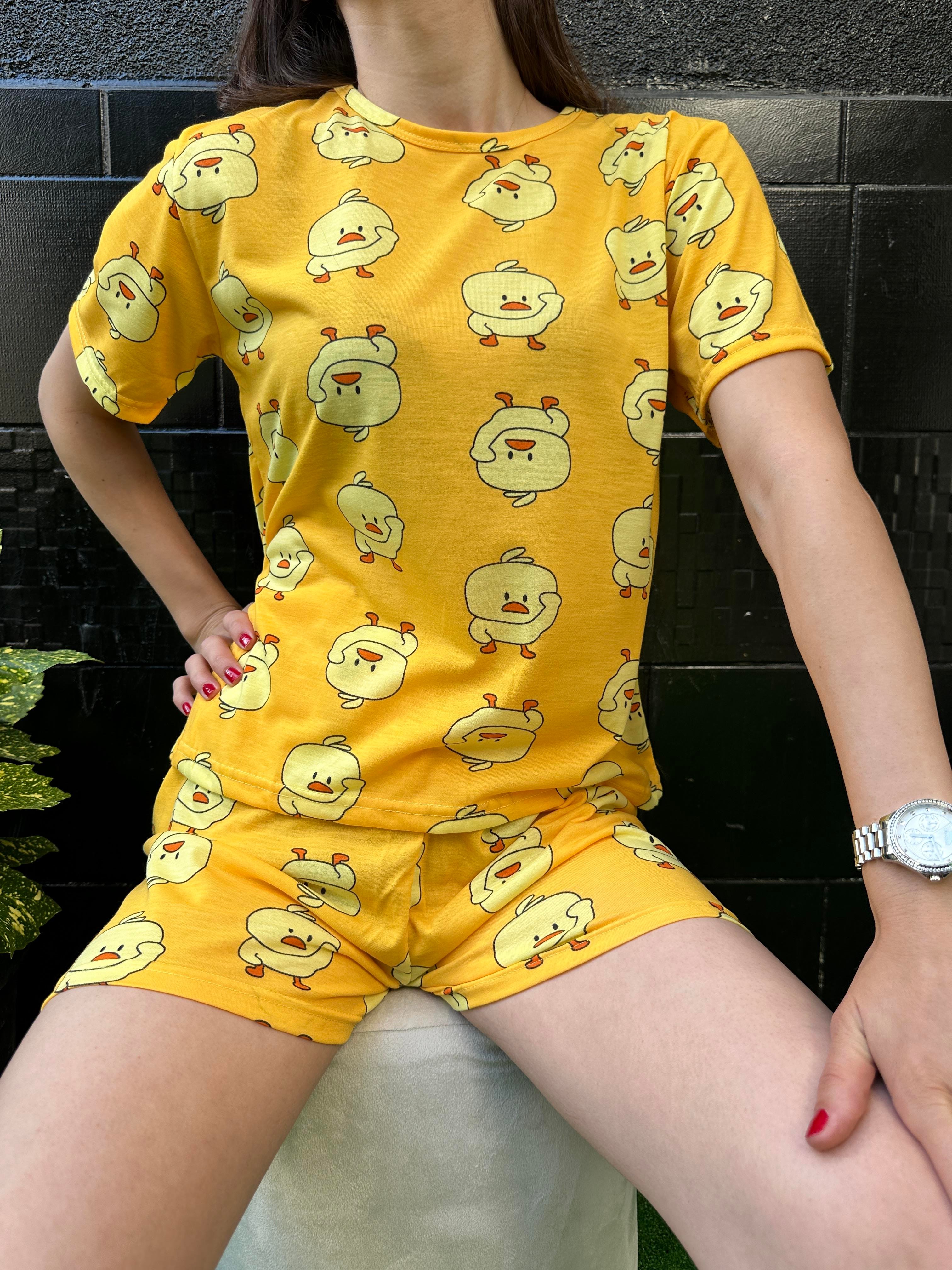 Civciv Desenli Kısa Kol Şort Pijama Takım Sarı