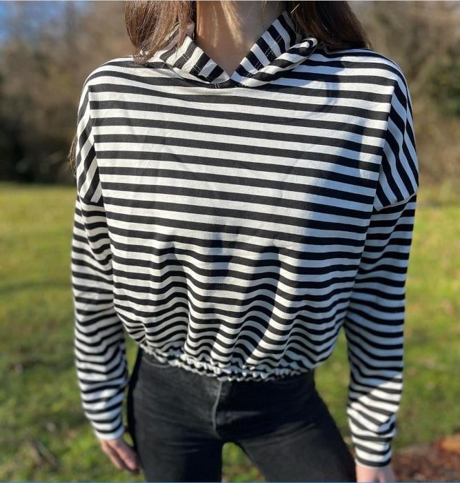 Çizgili Beli Lastikli Kapüşonlu Sweat Siyah-Beyaz