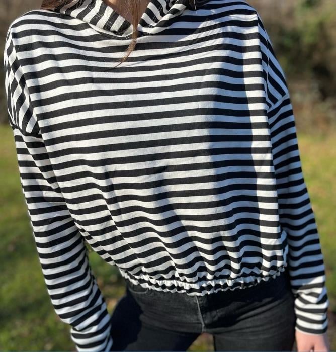 Çizgili Beli Lastikli Kapüşonlu Sweat Siyah-Beyaz