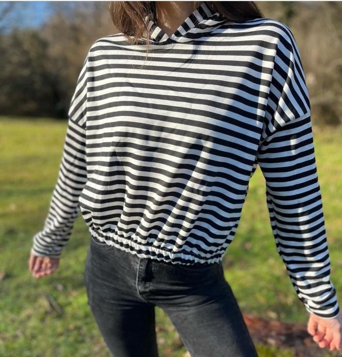 Çizgili Beli Lastikli Kapüşonlu Sweat Siyah-Beyaz