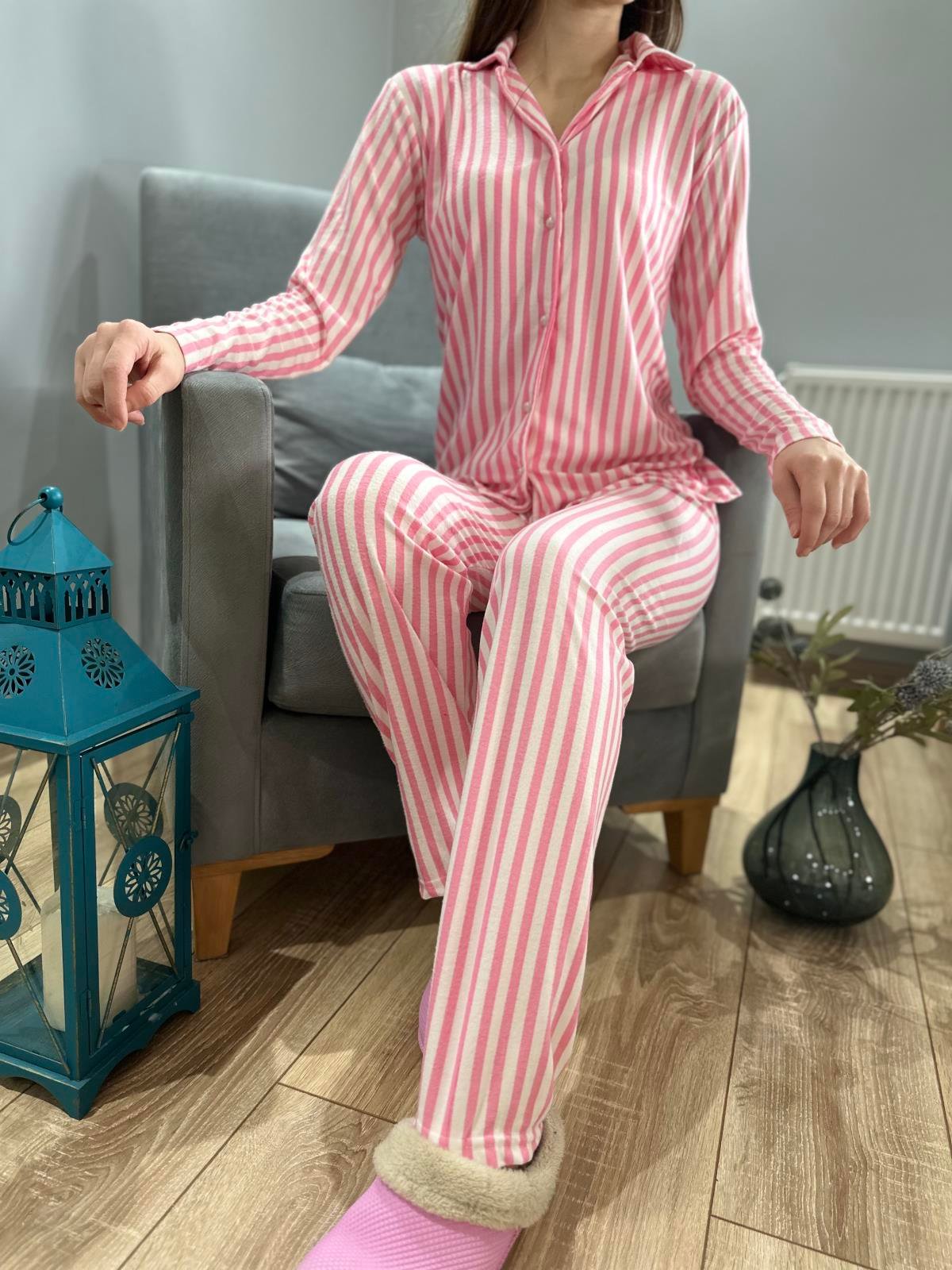 Çizgili Pijama Takım Pembe-Beyaz