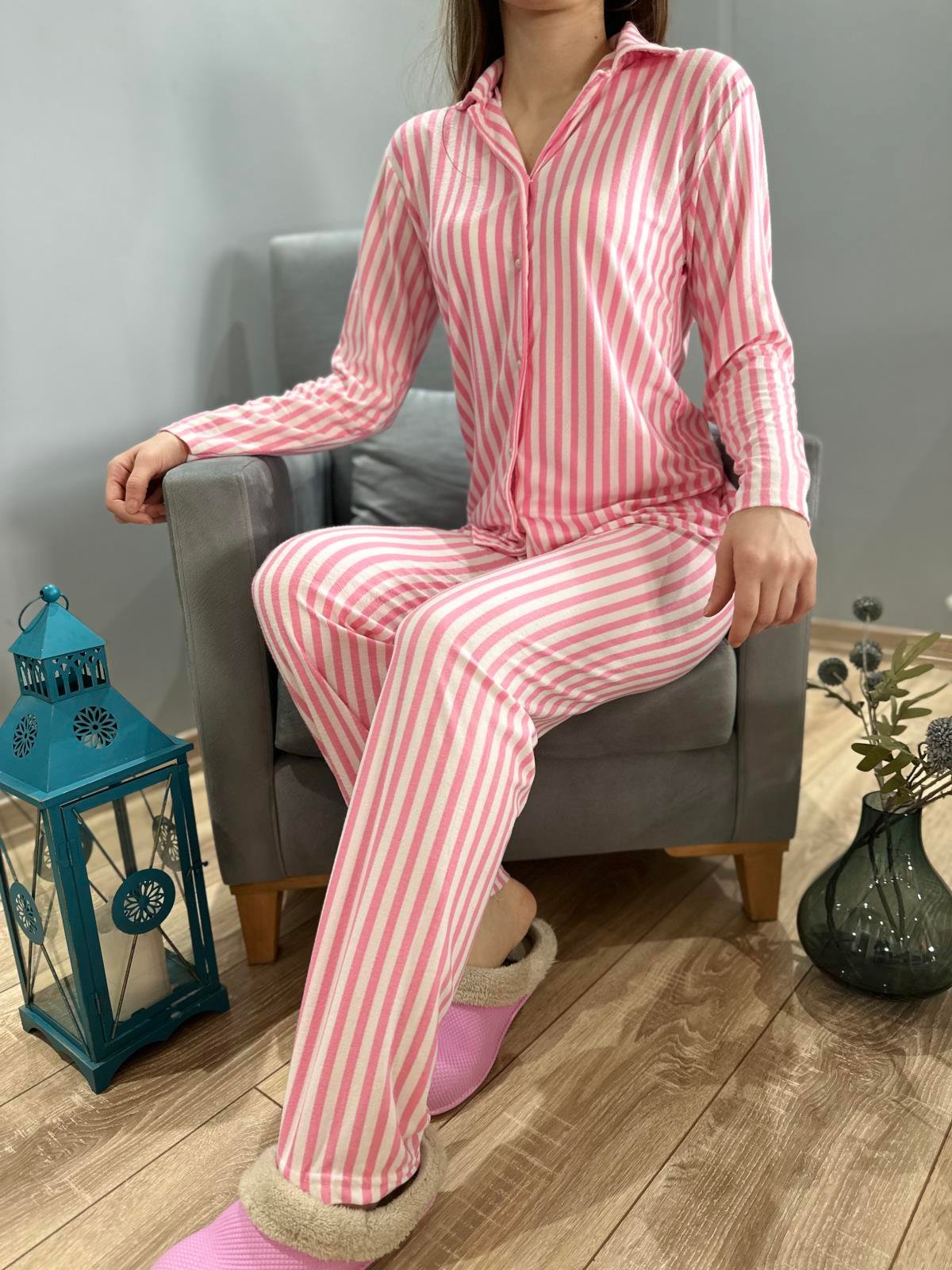 Çizgili Pijama Takım Pembe-Beyaz