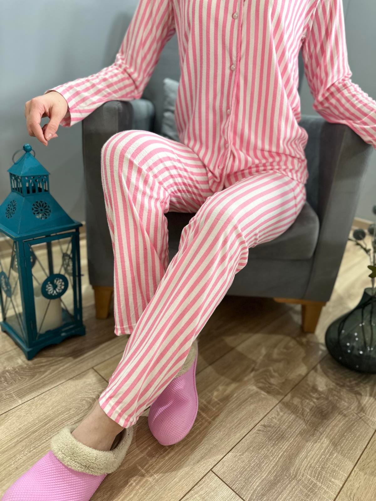 Çizgili Pijama Takım Pembe-Beyaz