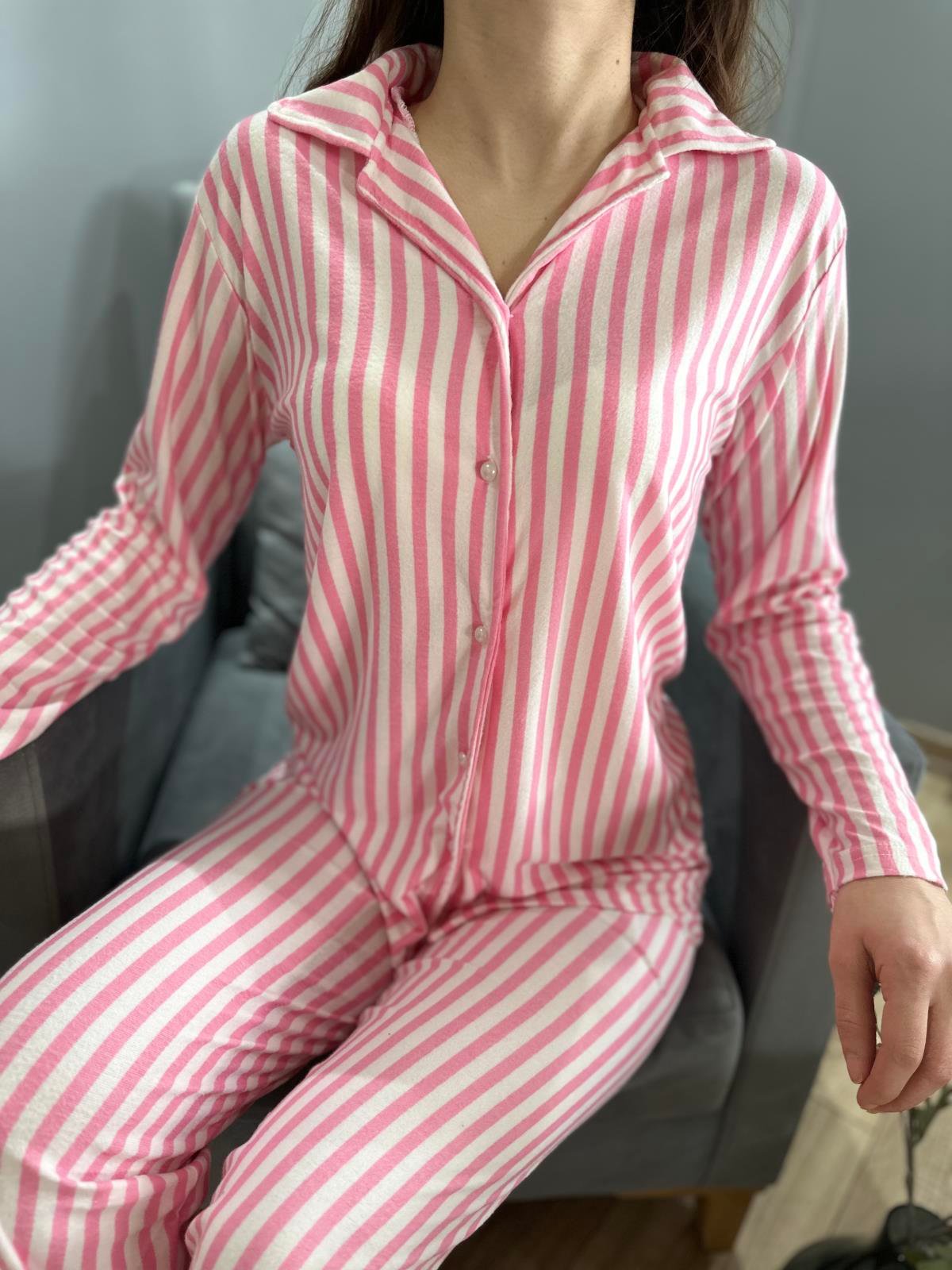 Çizgili Pijama Takım Pembe-Beyaz